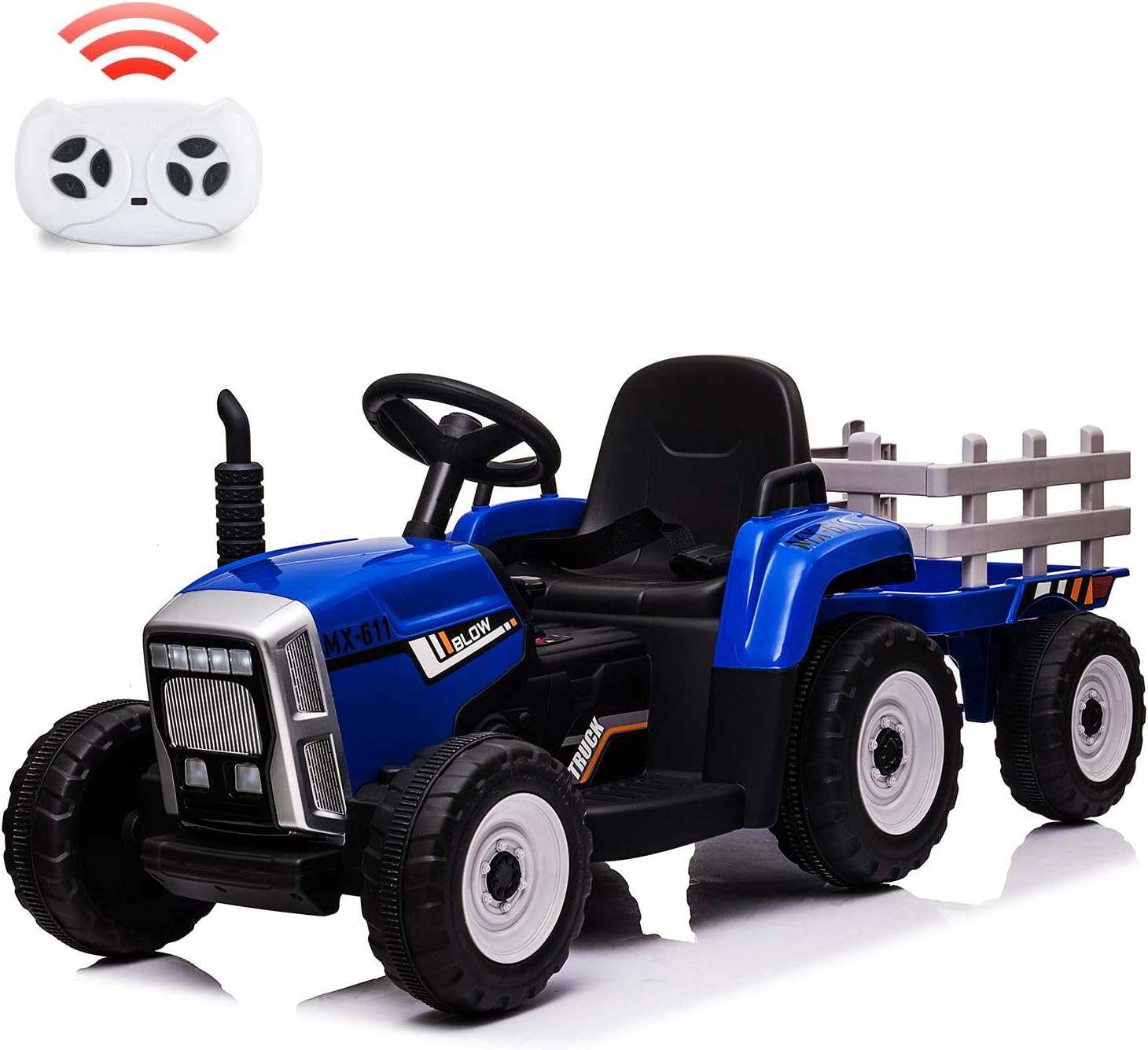 Nasitip 12V Kids Battery Powered Electric Tractor with Trailer, Toddler Ride On Car w/Remote Control/ 7-LED Headlights/ 2+1 Gear Shift/ MP3 Player/USB Port for Kids 3-6 Years (Blue, 25W/ Tread Tire)