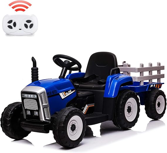 Nasitip 12V Kids Battery Powered Electric Tractor with Trailer, Toddler Ride On Car w/Remote Control/ 7-LED Headlights/ 2+1 Gear Shift/ MP3 Player/USB Port for Kids 3-6 Years (Blue, 25W/ Tread Tire)