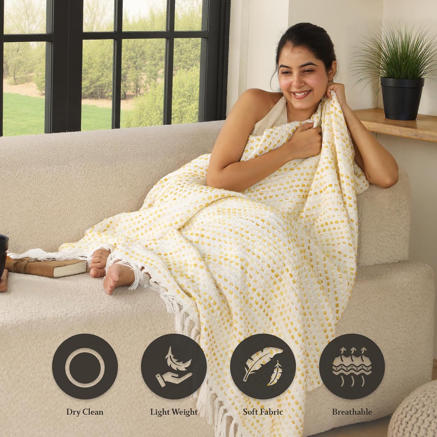 THE ART BOX - Yellow Color Hand Woven Cotton Throw, Turkish Blanket, Pure Cotton Handmade Couch Coverlet, Summer Light Weight Throw, Wedding Gift 74 x 55 Inch Approx.