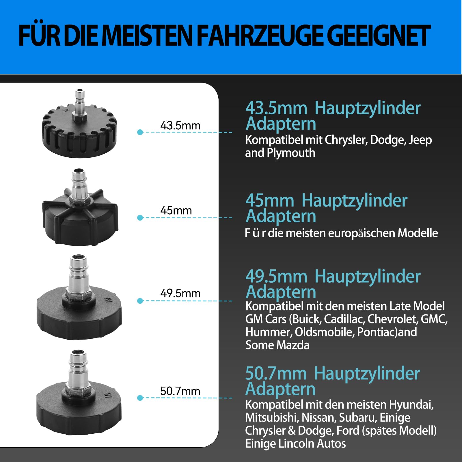 3L Bremsenentlüftungsgerät und 1L Bremsflüssigkeits Auffangbehälter – Manuelles Kit für Bremsflüssigkeit Wechsel & Entlüften, E20 Adapter für meisten europäischen Autohauptzylinder (4 Adaptern)