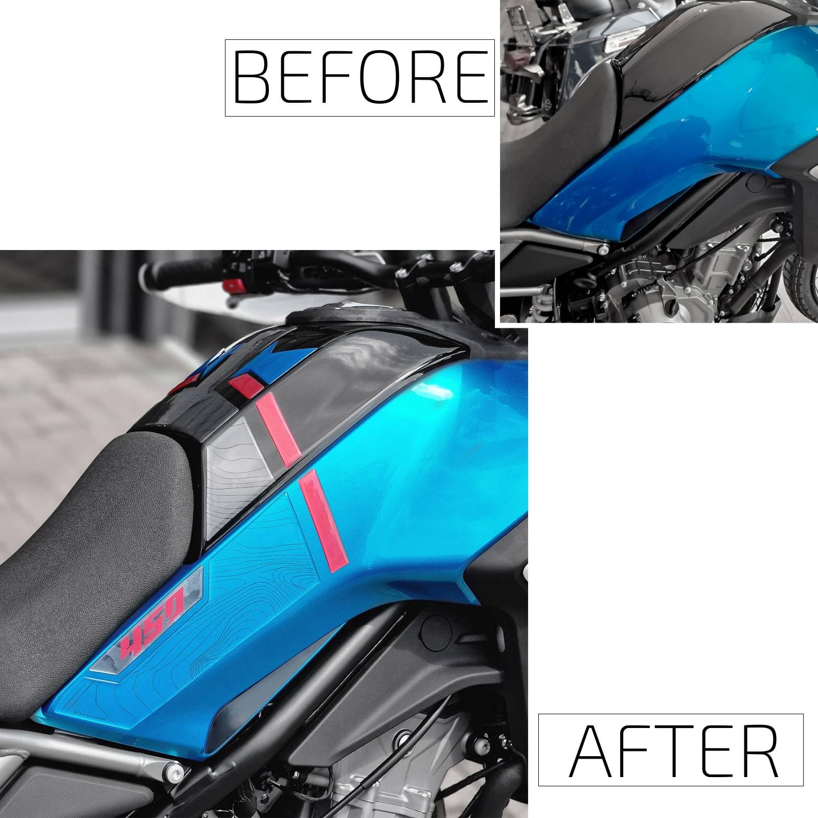 Resin Bike Autocollant Moto Compatibles avec CF Moto 450 MT 2023-2026 Zephyr Blue. Protections Latérales de Réservoir Contre Les Chocs et Les Éraflures. Autocollant 3D Résinés Made in Italy