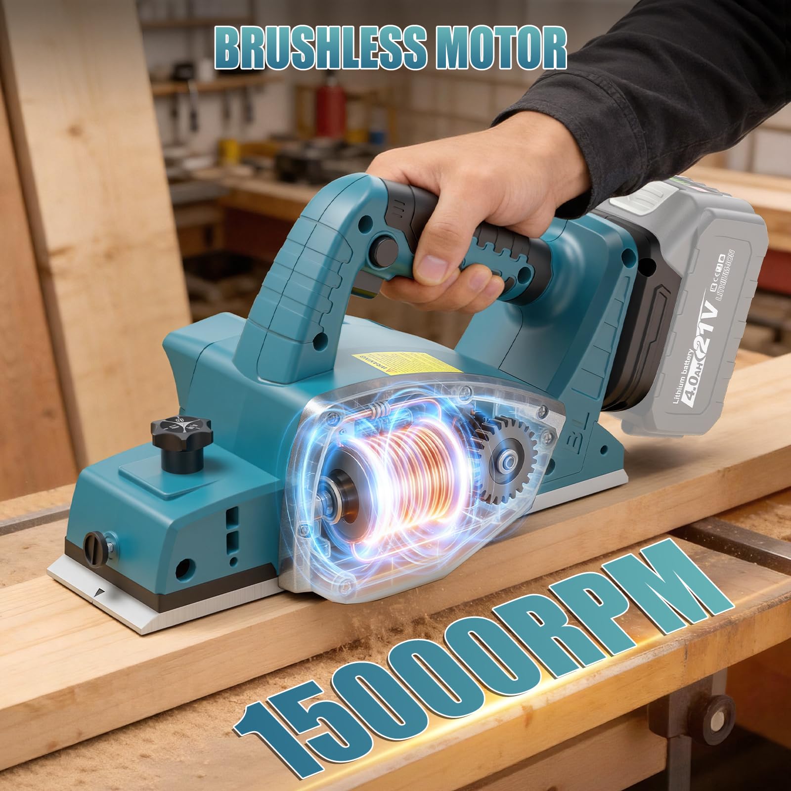 Rabot Sans Fil Compatible avec Makita 18V Batterie, 15000RPM Raboteuse Électrique à Une Main avec 2×4.0Ah Batterie, Largeur de Rabotage 82mm, Profondeur de Coupe 0-2mm