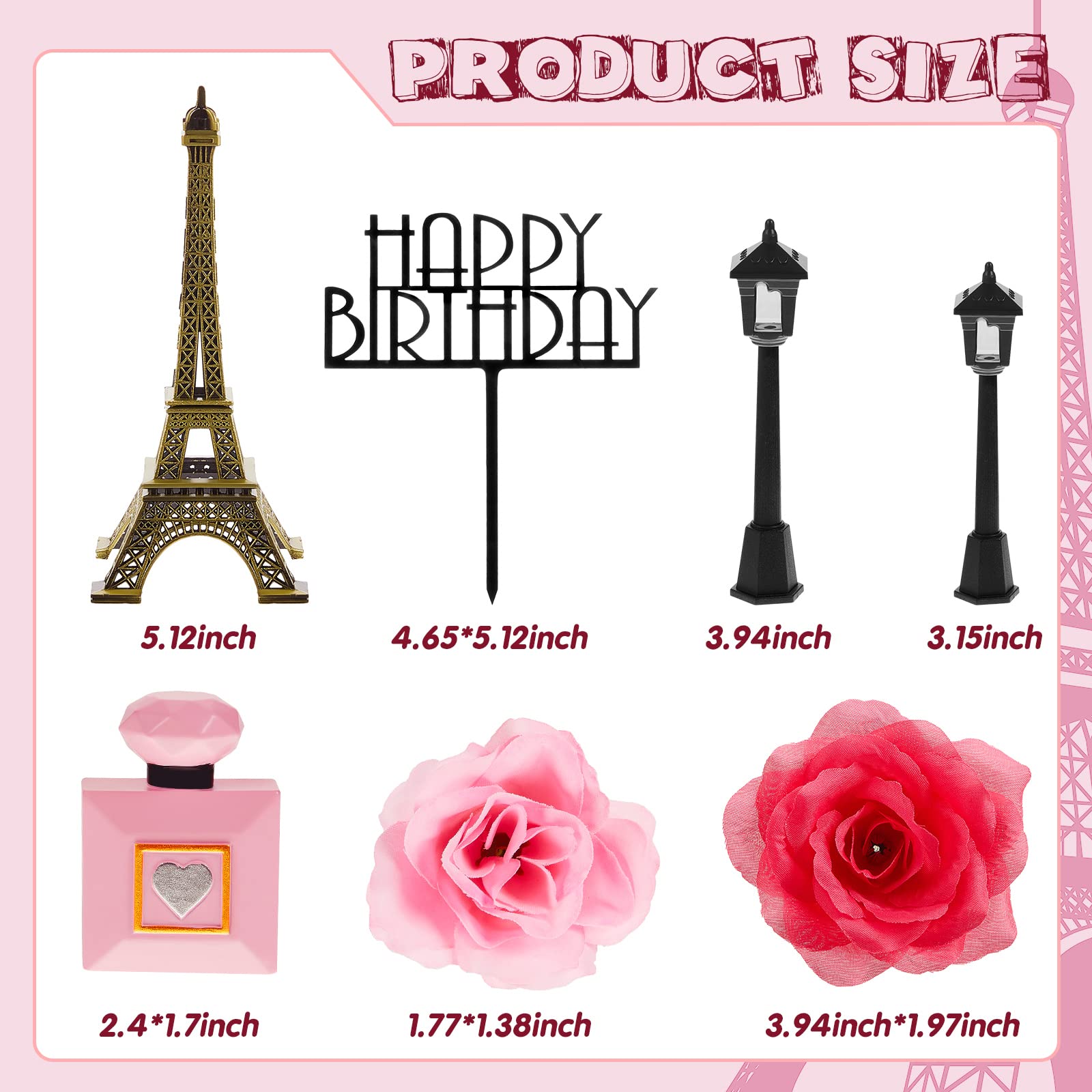 8 Pcs Paris Cake Topper Eiffel Tower Cake Topper with Happy Birthday Street Lamp Rose 7 Inch Eiffel Tower Party Decoration for Birthday Celebration Gift(Morden Color)