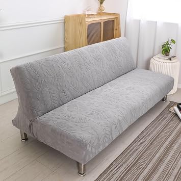 Stretch Futon Slipcover Armless Futon Bed Cover Furniture Protector with Elastic Bottom for Kids, Pet, Spandex Jacquard Modern Design Washable,Light Grey,L