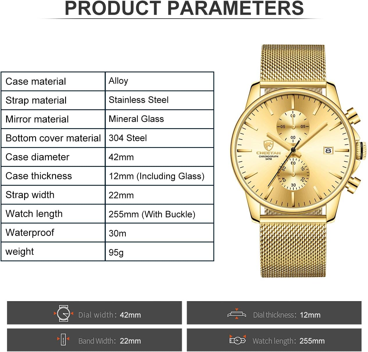 GOLDEN HOUR Mens Watch Fashion Sleek Minimalist Quartz Analog Mesh Stainless Steel Waterproof Chronograph Watches for Men with Auto Date - Image 4