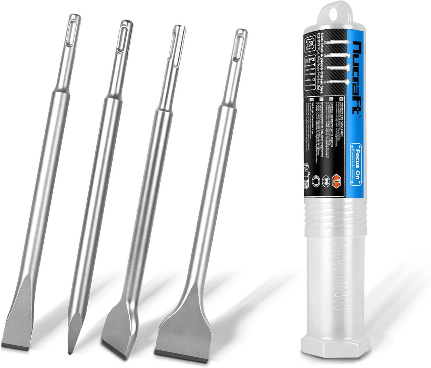 Nucraft SDS Plus Drill Bit Set, 4 Piece Steel Tool Set For Wide, Flat, Pointed And Hollow Chisel, Made Of Super Hardened Steel