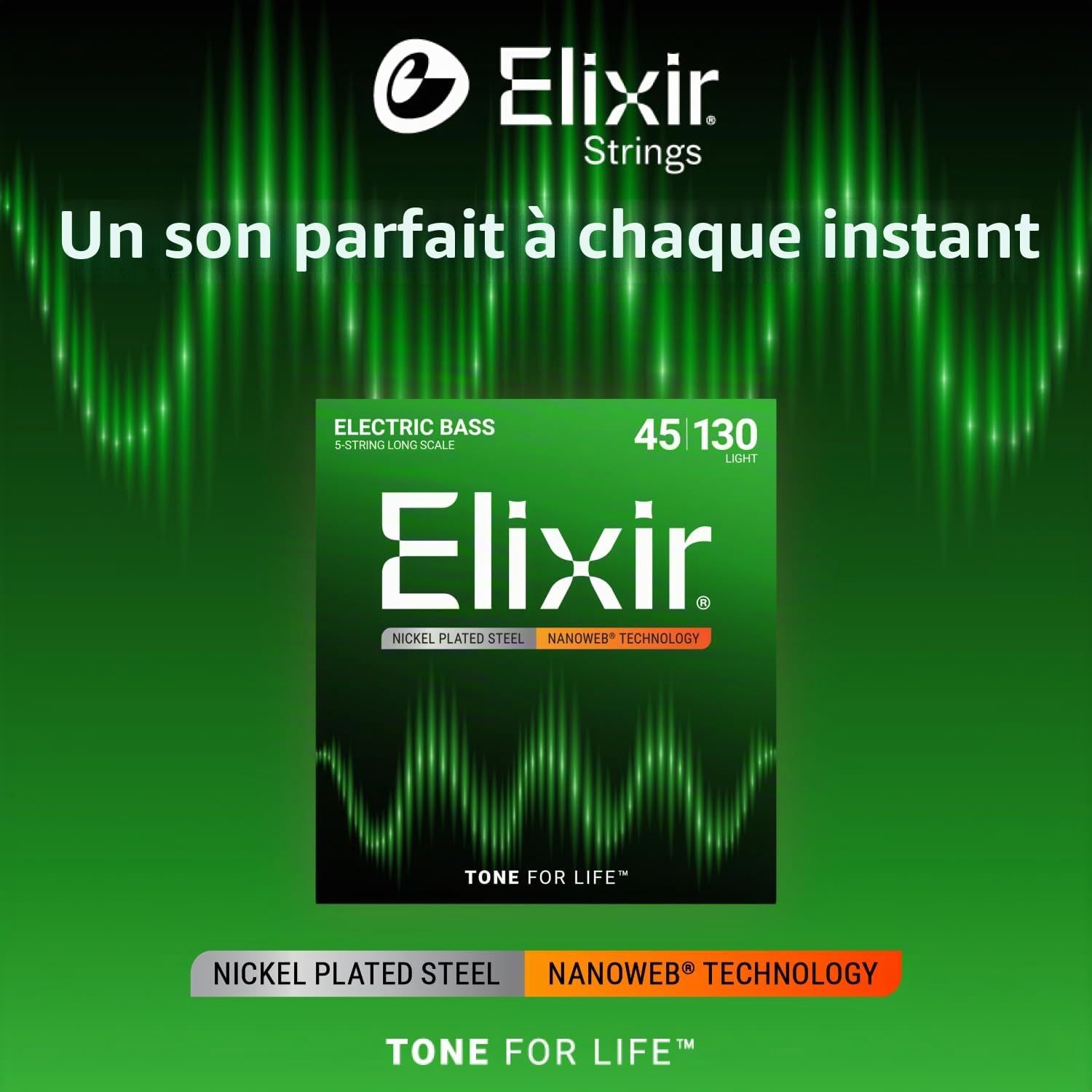 Cordes Elixir® en Acier plaqué Nickel avec revêtement NANOWEB® pour basse 5 cordes, Long Scale, Light (.045-.130)