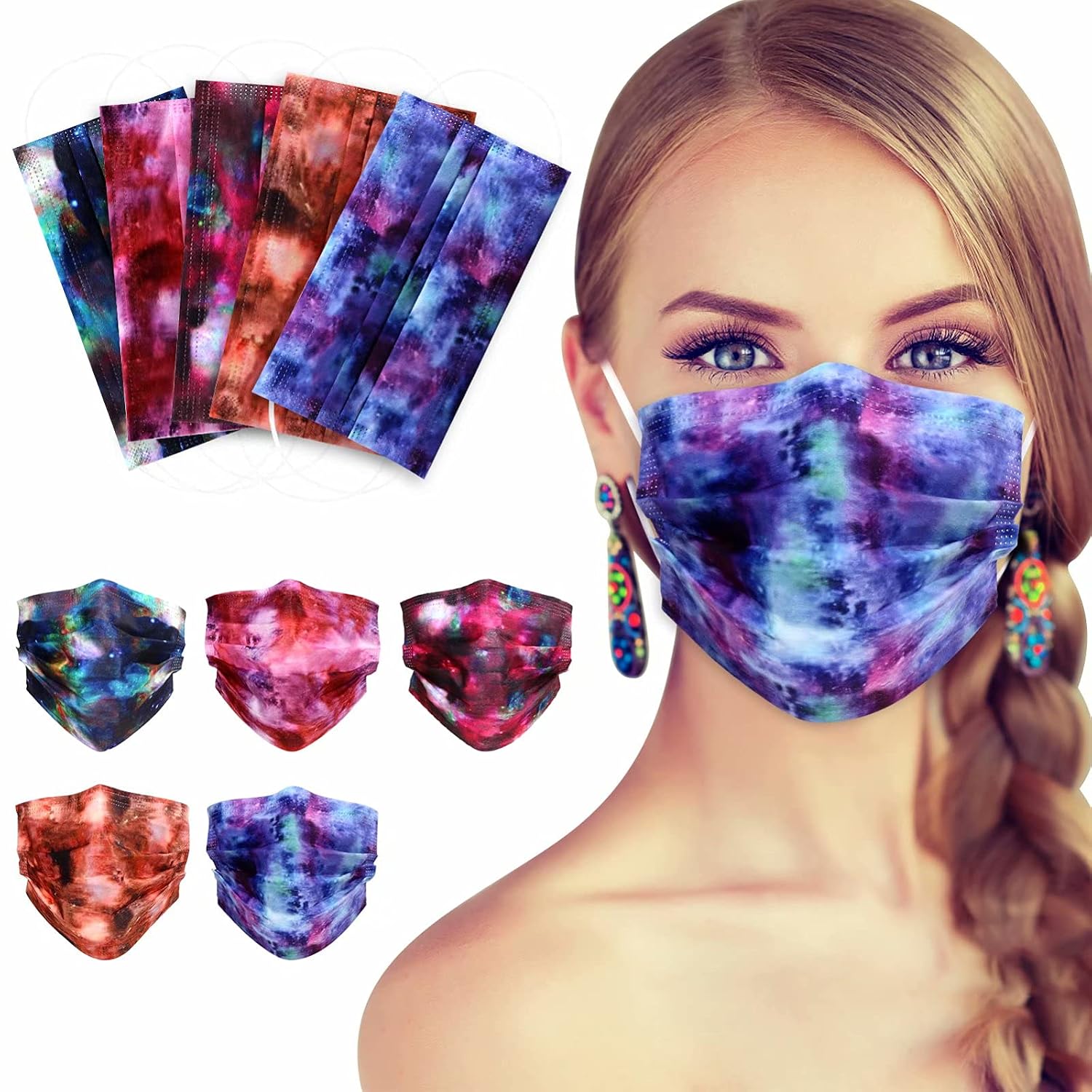 100 Pcs Disposable Face Mask for Women - Fashion Printed Tie Dye Adults Masks, 3Ply Comfortable Non-woven Safety Mouth Covers
