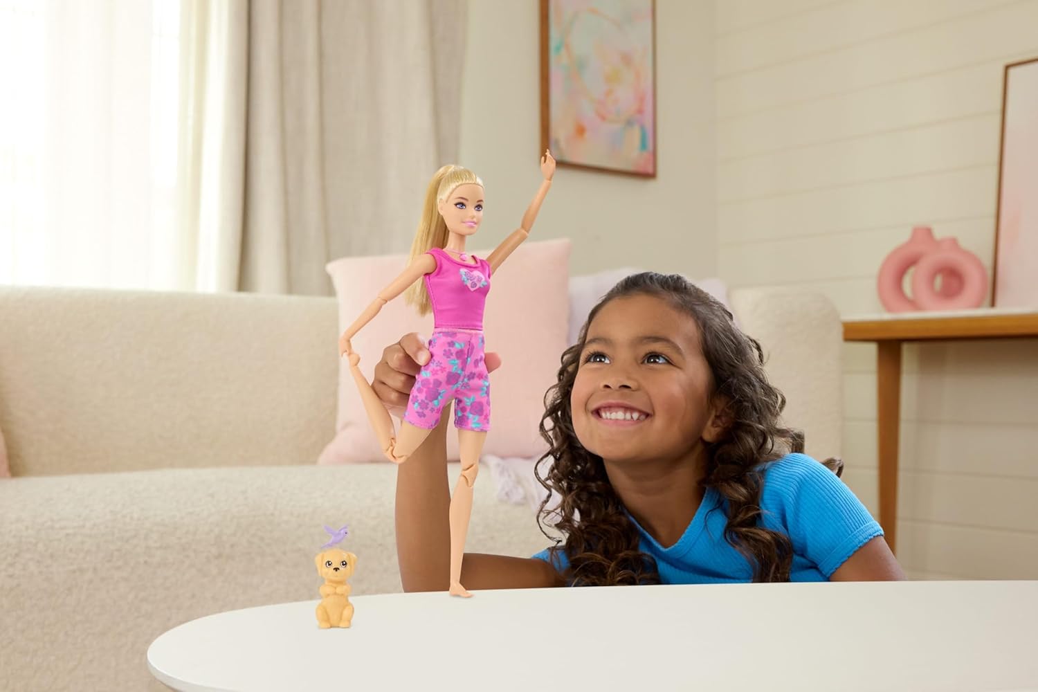Barbie Mindful Moves Doll in Yoga Clothes with 6 Guided Meditation Audio Clips, Music and Lights, Puppy with 6 Plug-in Accessories, Blonde