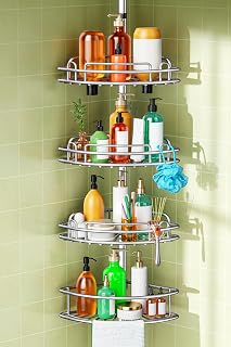 HAMITOR Telescopic Corner Shower Shelf Without Drilling: Stainless Metal Shower Shelf | 4-stegs badrumsorganisatör för rumskamrat och familjer, justerbar höjd 121–314 cm, silvergrå