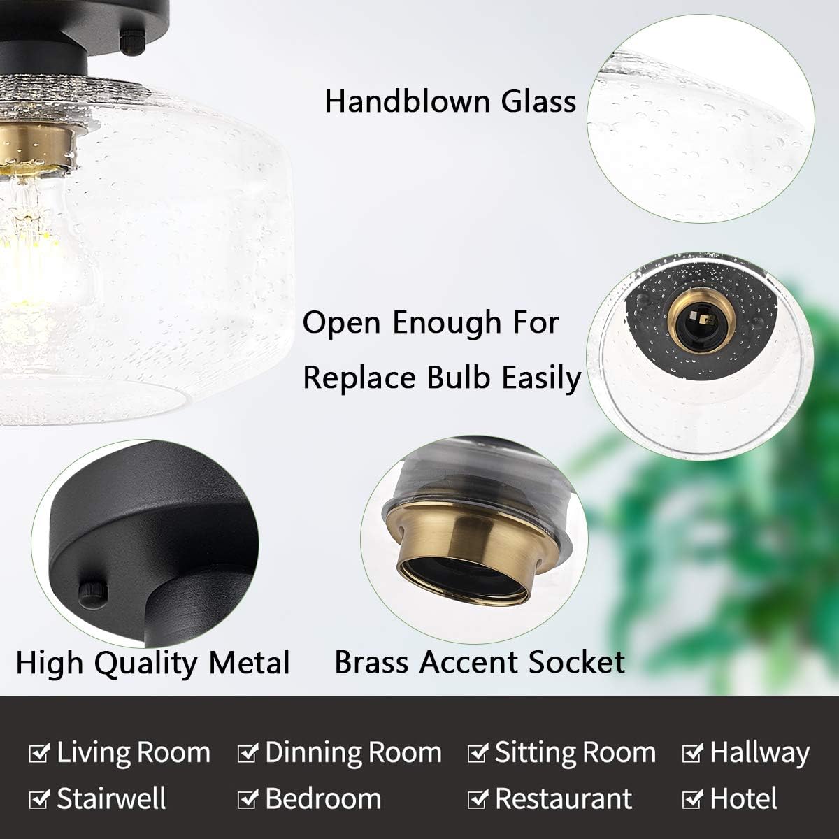 TeHenoo Matte Black Ceiling Light Fixture, TeStark II Upgraded Canopy,Brass Accent Socket, Industrial Semi Flush Mount Ceiling Light with Seedy Glass Shade for Entryway, Hallway