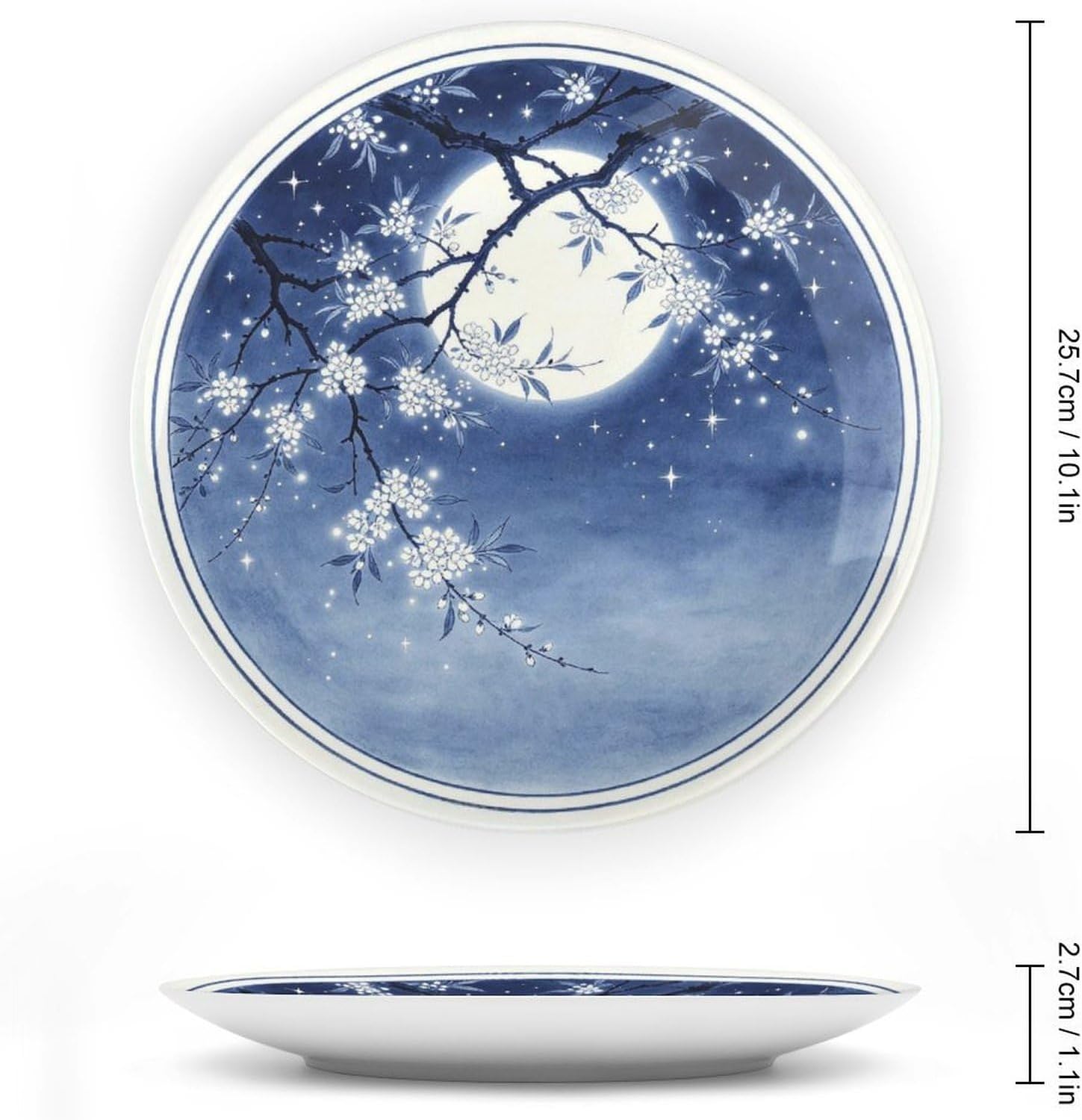 Blue White Porcelain Plate Art, Plum Blossom Under Moonlit Night for Dining Room Bone China Decorative Plate, 10inch Wall Art Home Decor