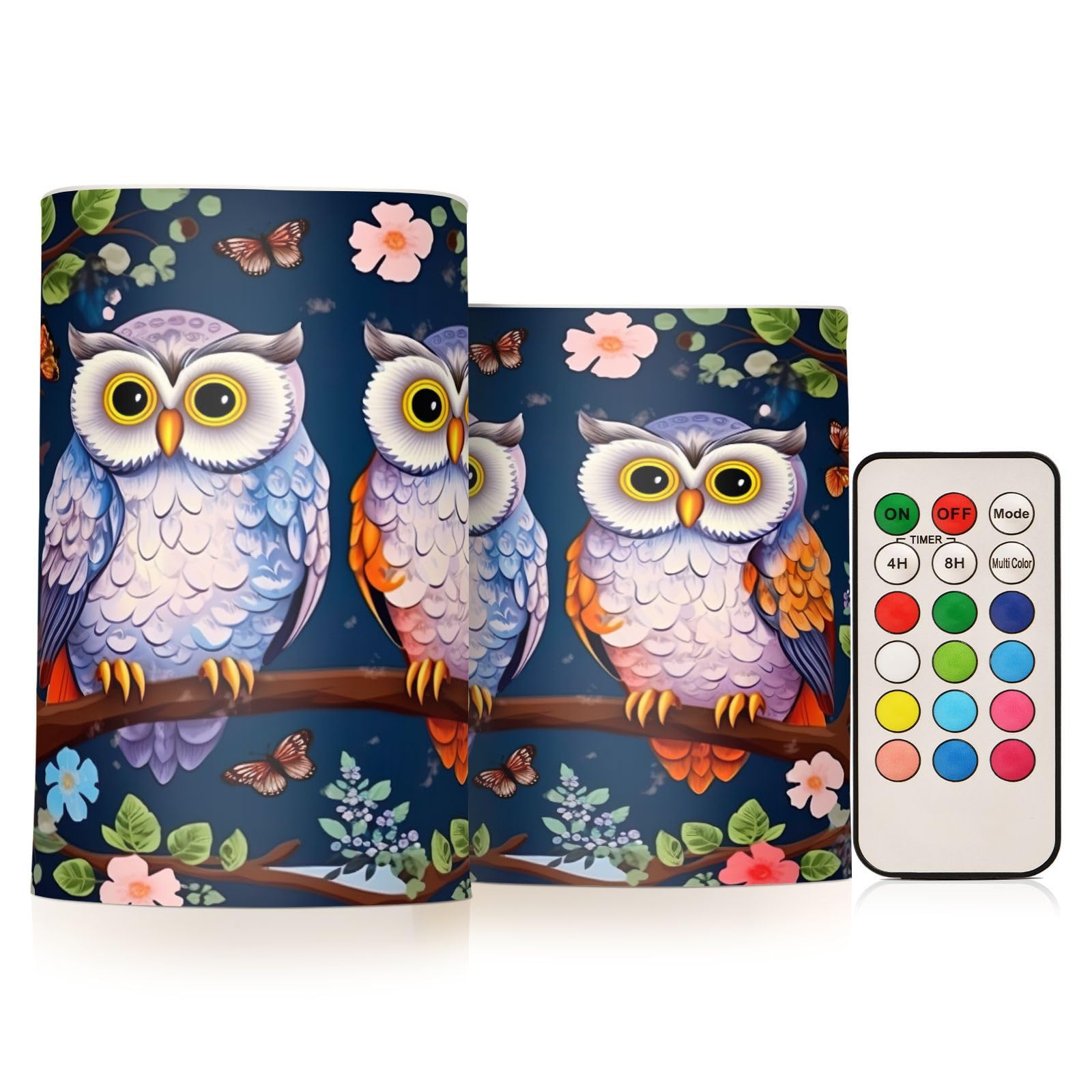 Kigai Owls Sitting on Branch Flameless Candles with Remote Control and Timer,Battery Operated LED Pillar Candles Adjustable Brightness for Ourdoor Indoor Use,Home Decor,2 Pack