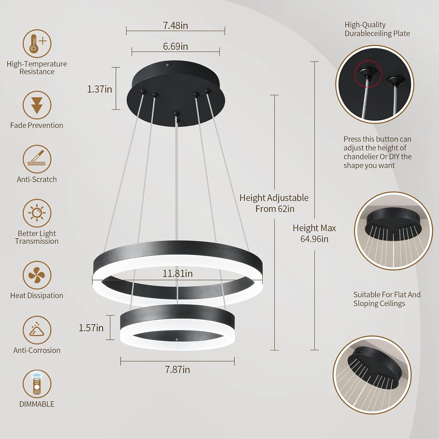 Modern LED Chandelier Lighting 2 Rings Black Chandelier Contemporary Ceiling Pendant Light Fixture for Staircase Foyer High Ceiling Living Room 6000K Cool White