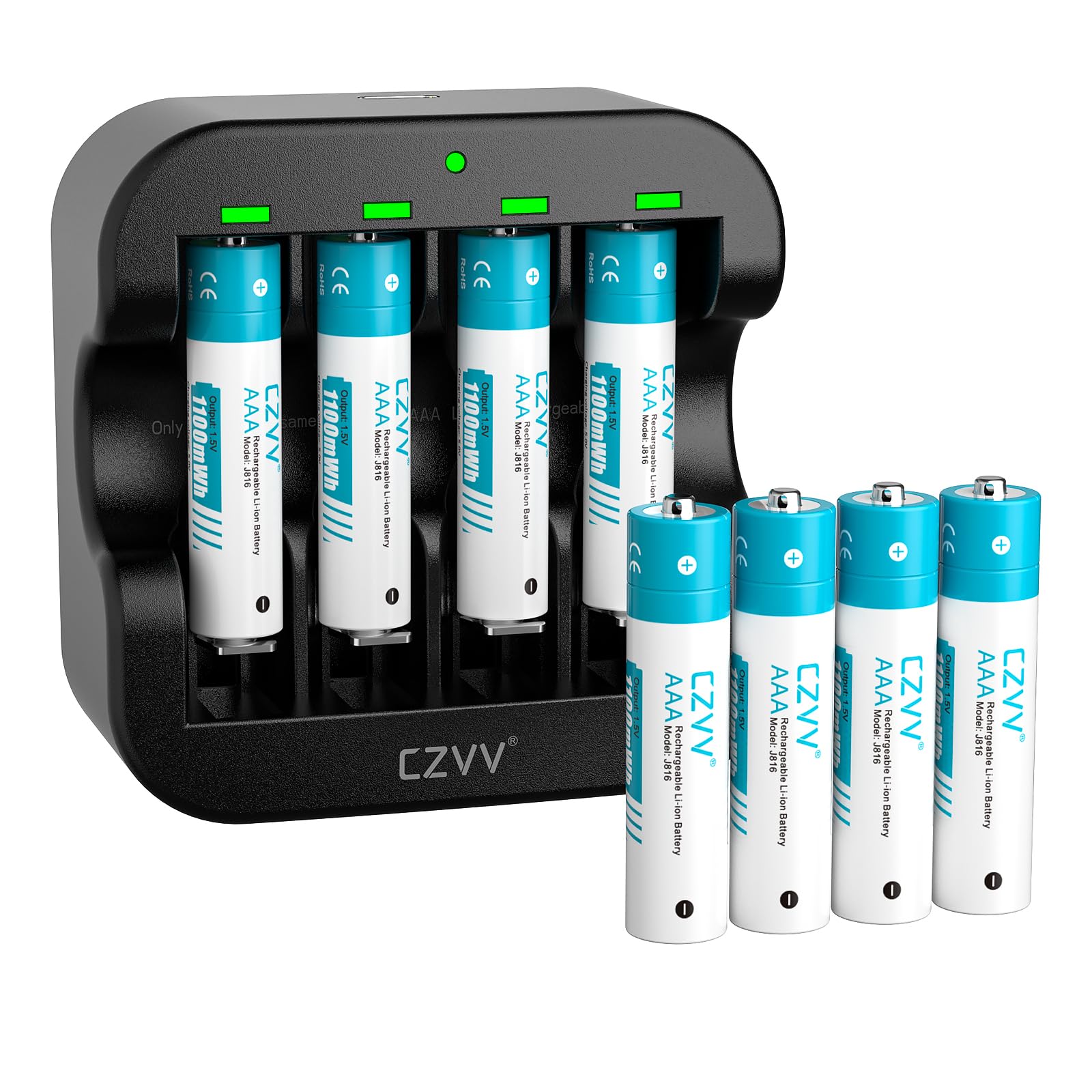 Pile Ricaricabili AAA Litio1,5V - Caricatore 4 Slot Intelligente LED con 8 Pezzi Batterie Lithium Alta Capacità 1100mWh - Caricabatterie Ricarica Rapida 2H, 1300 Cicli, Durata Ultra Lunga 10 Anni