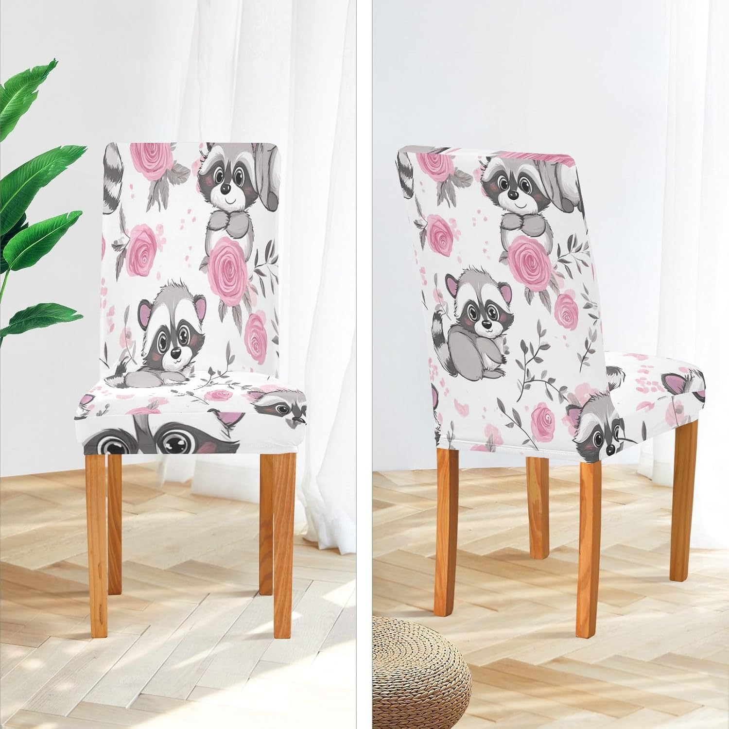 ALAZA Chair Covers for Dining Room, Cute Cartoon Raccoons Rose Stretch Chair Cover Sets Chair Protector Removable Washable for Ktichen Restaurant Hotel