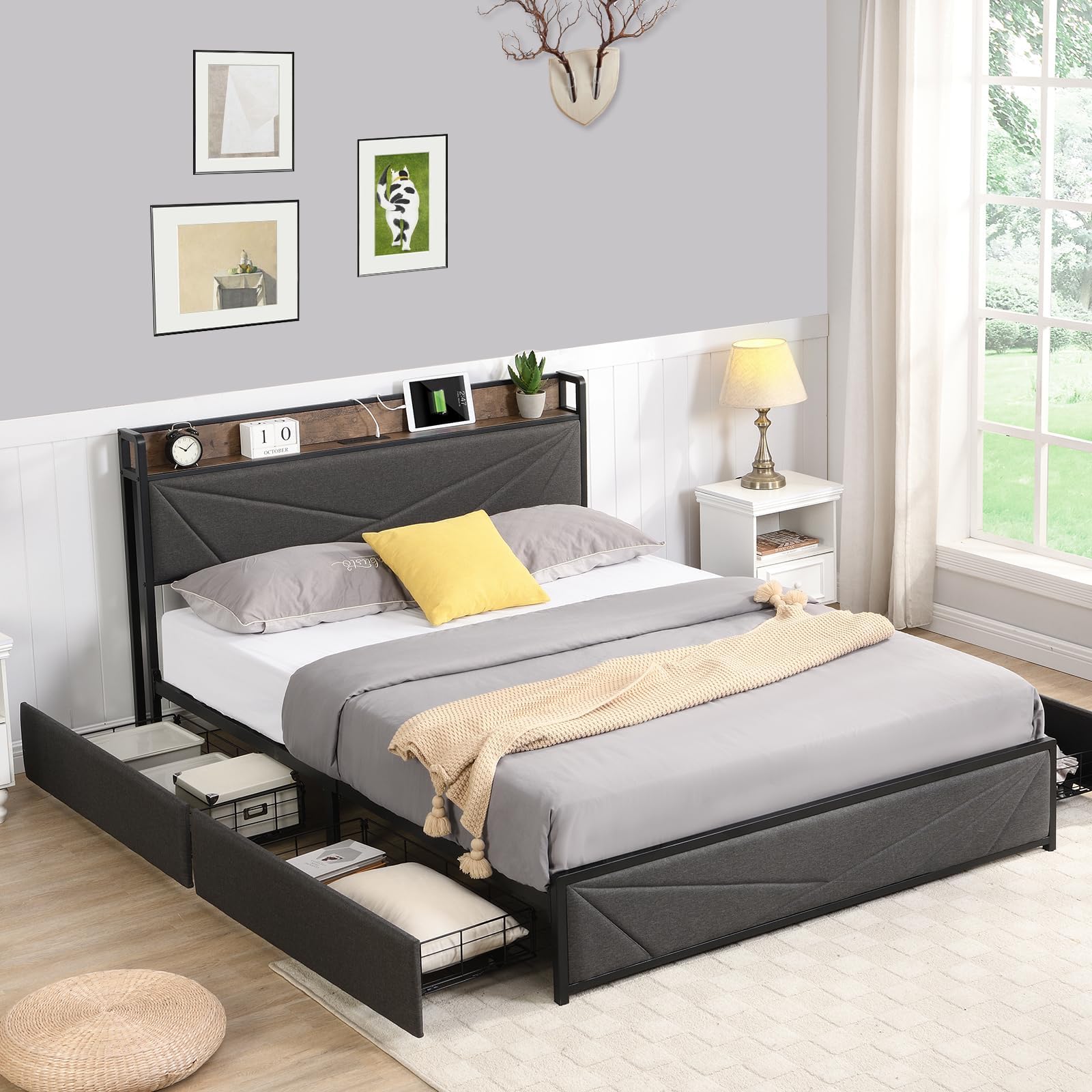 Full Size Bed Frame with Upholstered Headboard, Metal Platform Bed Frame with 4 Storage Drawers, Built in Charging Station, Noise-Free, Metal Support Base, No Box Spring Needed, Black Gray