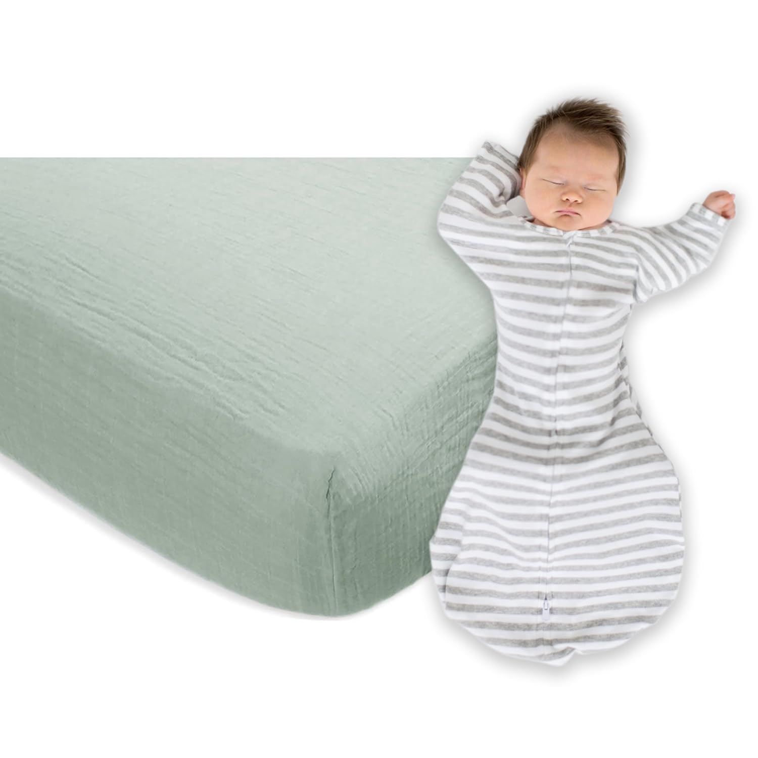 SwaddleDesigns 6-9 Mo Baby Sleep Set, Gray Stripes and Jadeite, Transitional Swaddle Sack with Arms Up Half-Length Sleeves & Mitten Cuffs and Cotton Muslin Crib Sheet