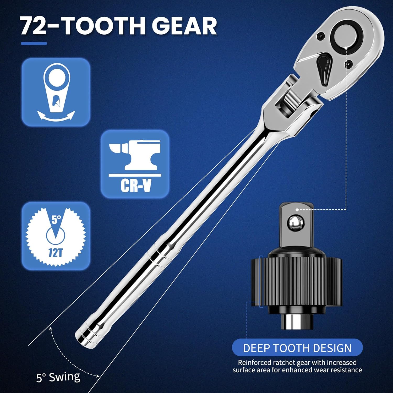 10-Piece Flex Head Ratchet Set, 1/4 3/8 1/2 Inch Drive, Swivel Head Ratchet Wrench with Extension Bars & 4 Adapters, 72-Tooth Quick-Release, EVA Storage Case for Auto & DIY Repairs