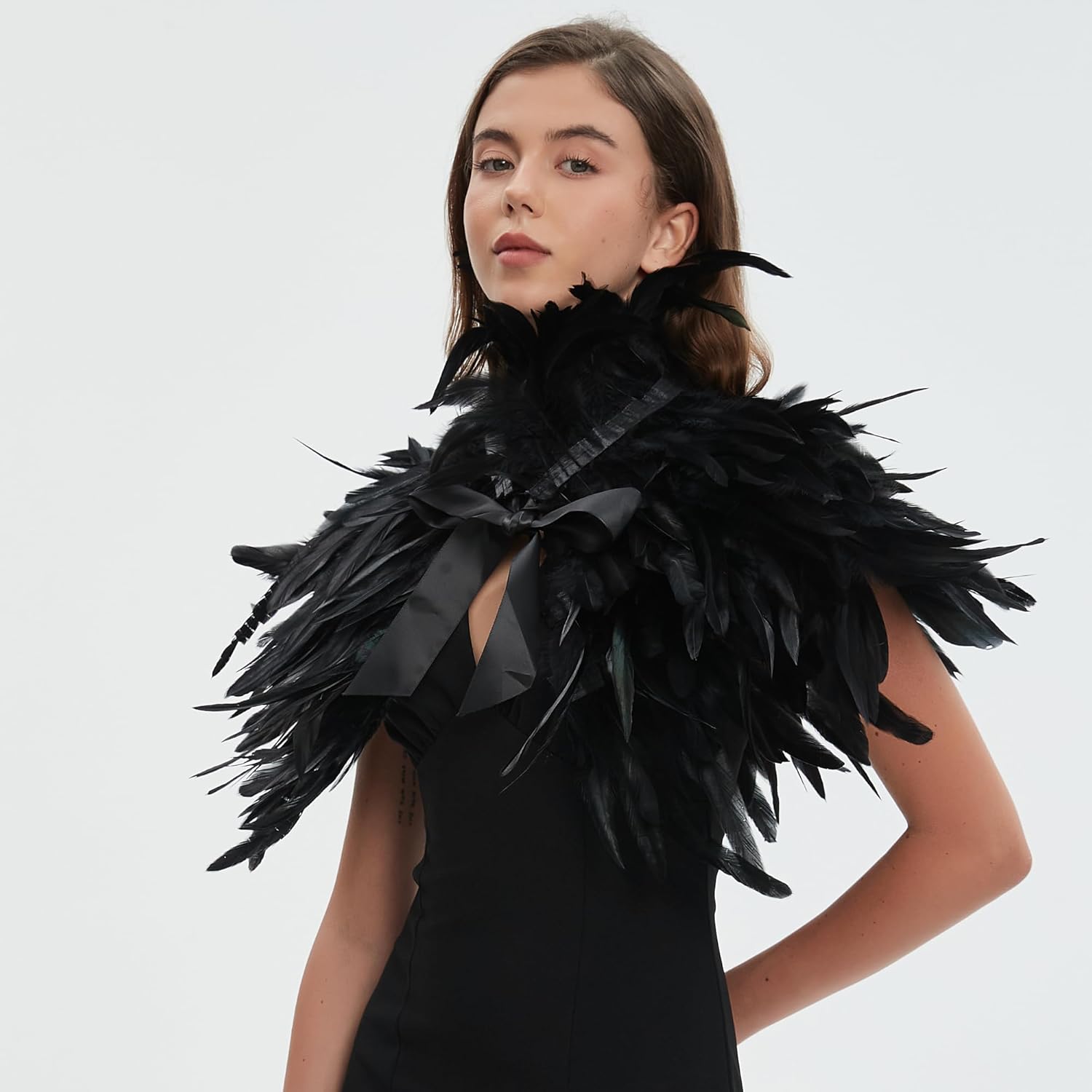 Black Feather Shawl Cape for Women Gothic Feather Collar Shoulder Wrap, Halloween Witch Costume - Image 4