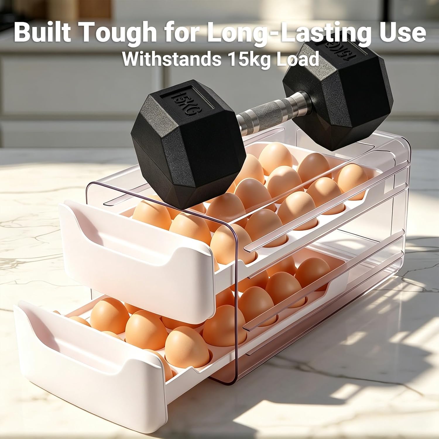 36-Egg-Holder for Fridge, Egg-Storage for Refrigerator Countertop, 2 Tier Dispenser with Drawer, Stackable Clear Egg Tray Container, Egg Organizer, Fits Large Eggs, White