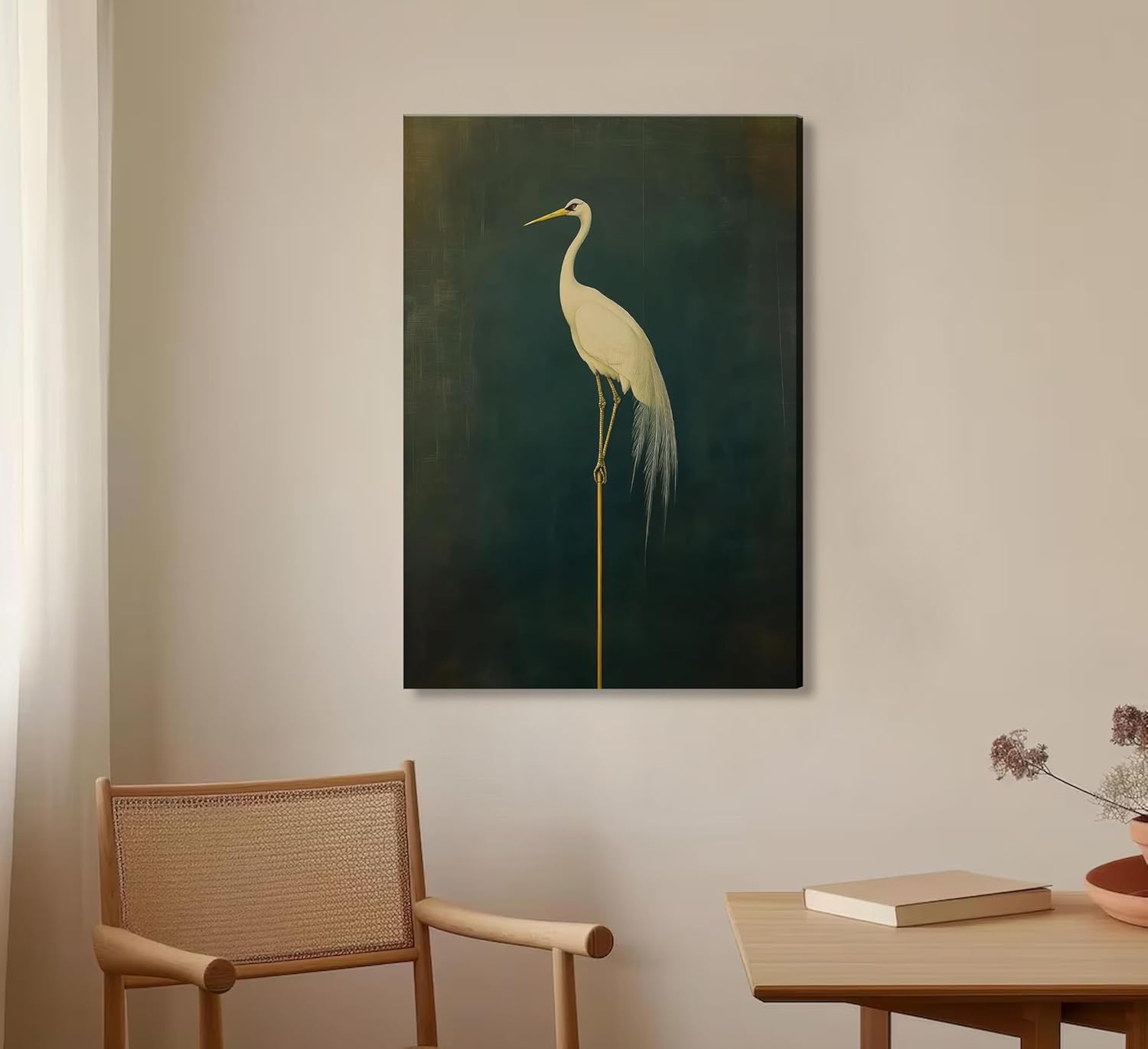Green Japanese Crane Canvas Wall Art Vintage Asian Bird Prints Wall Decor Retro Crane Painting Poster Print Artwork for Living Room Bedroom Home Decoration