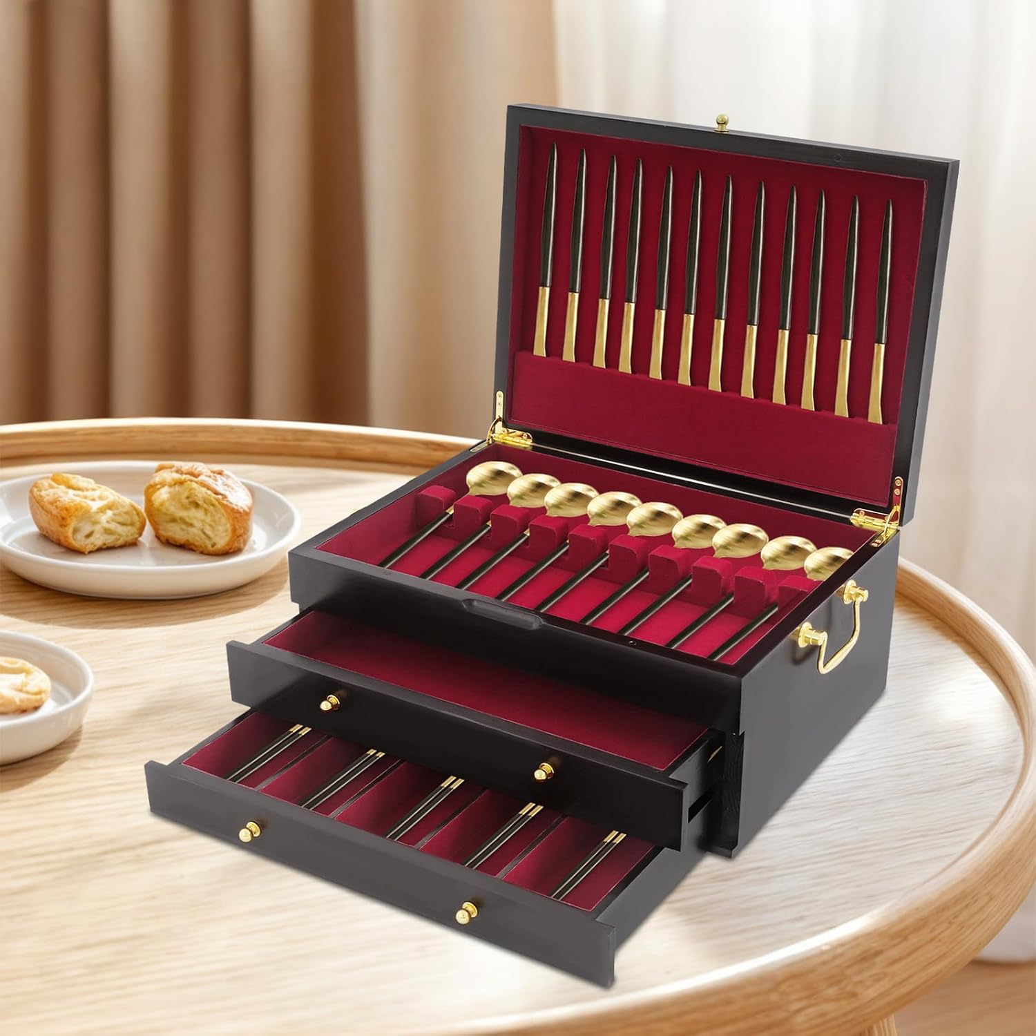 Wooden Silverware Organizer, Silverware Storage Box with Handle and Red Felt Lined, Flatware and Utensil Organizer for Home Kitchen(Flatware Not Included) (Three layers)