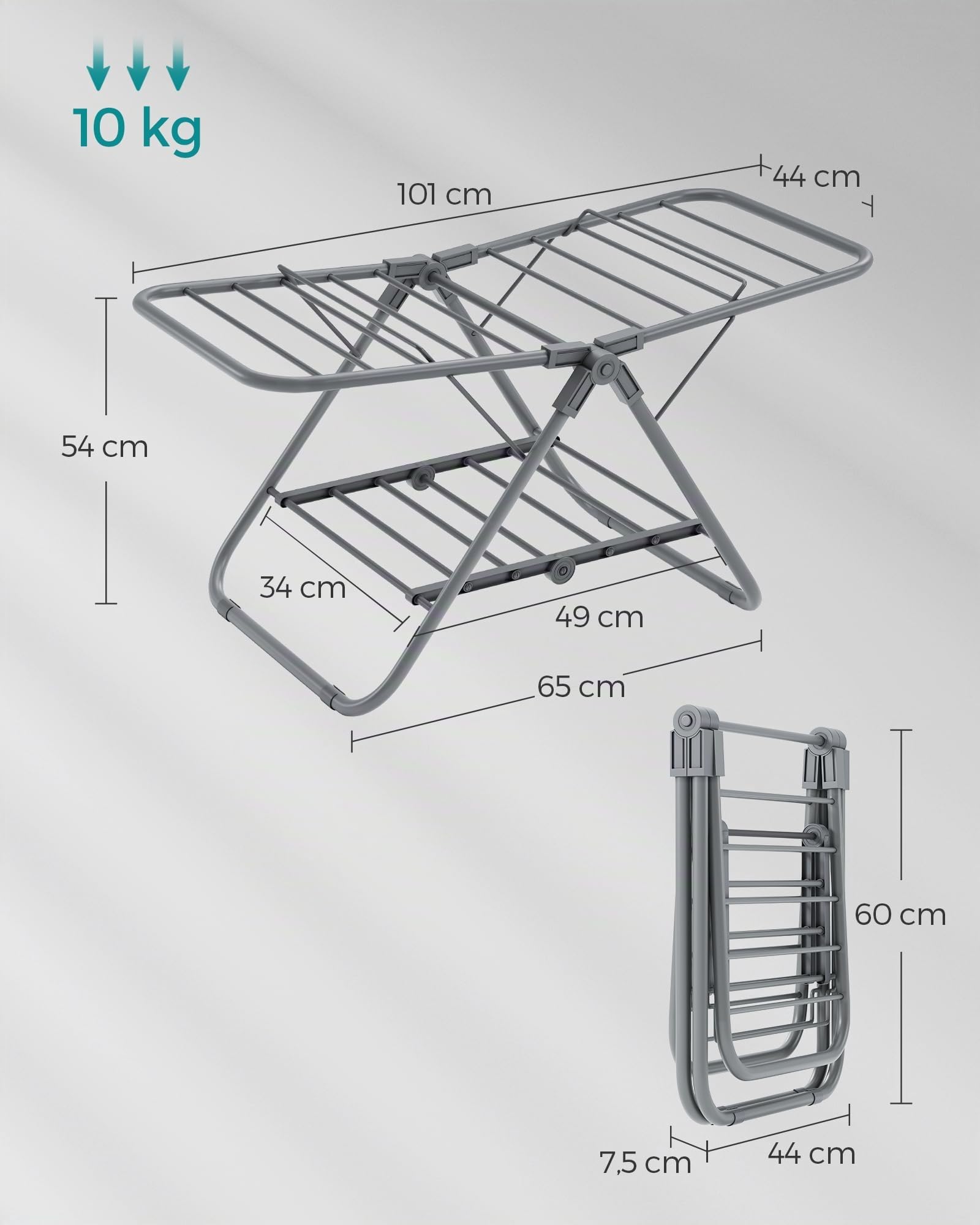 SONGMICS Stendibiancheria piccolo pieghevole a 2 ali salvaspazio metallo per piccoli indumenti, asciugamani, bagno, balcone, 44 x 101 x 54 cm, grigio tortora LLR504G01