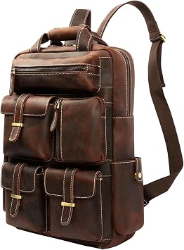 Multi-pocket Travel Backpack for Men, Large Capacity Bookbag Casual Daypack Crazy Horse Leather Shoulder Bags Brown