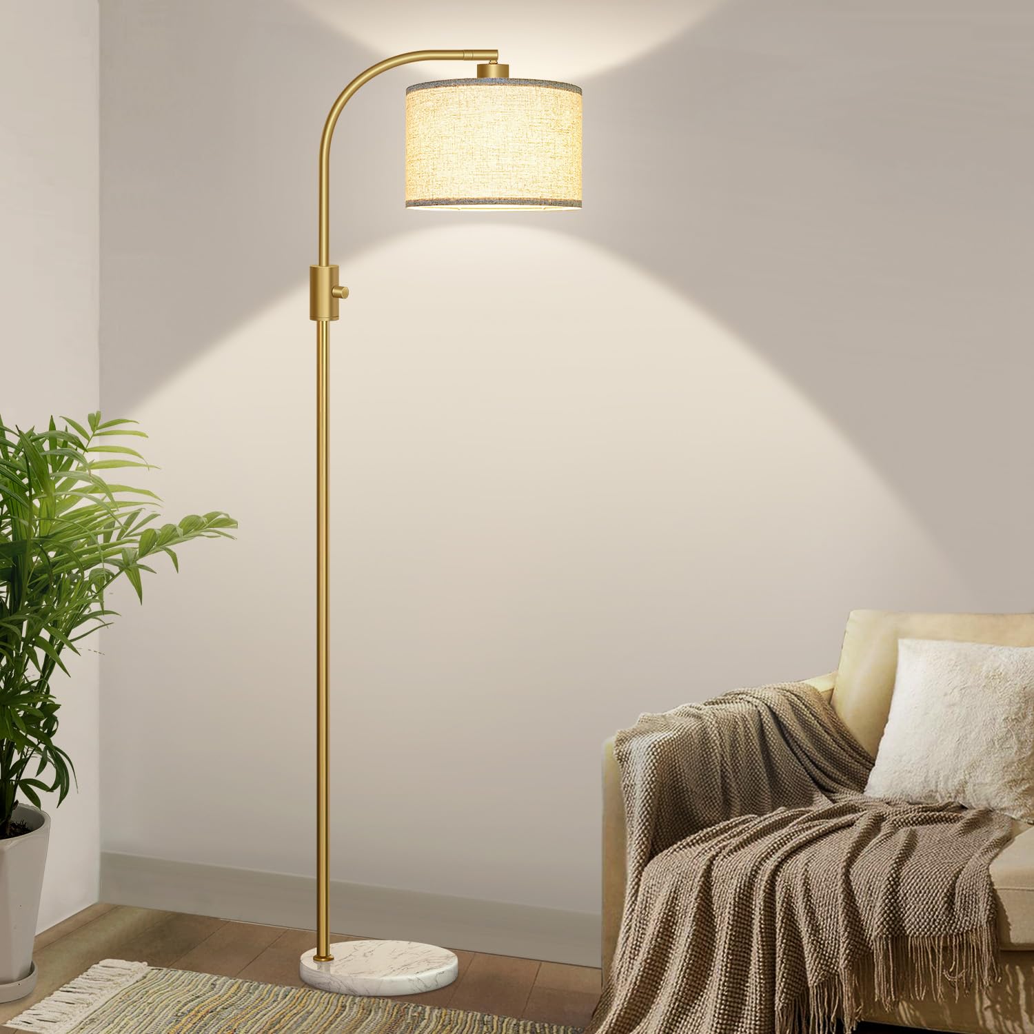 Photo 1 of Nintiue Upgraded Modern Arc Dimmable Tall Standing Floor Lamp with Marble Base & Linen Shade, 1200 Lumens LED Bulb Included, for Living & Reading Room, Bedroom, Office & Nursery, Gold