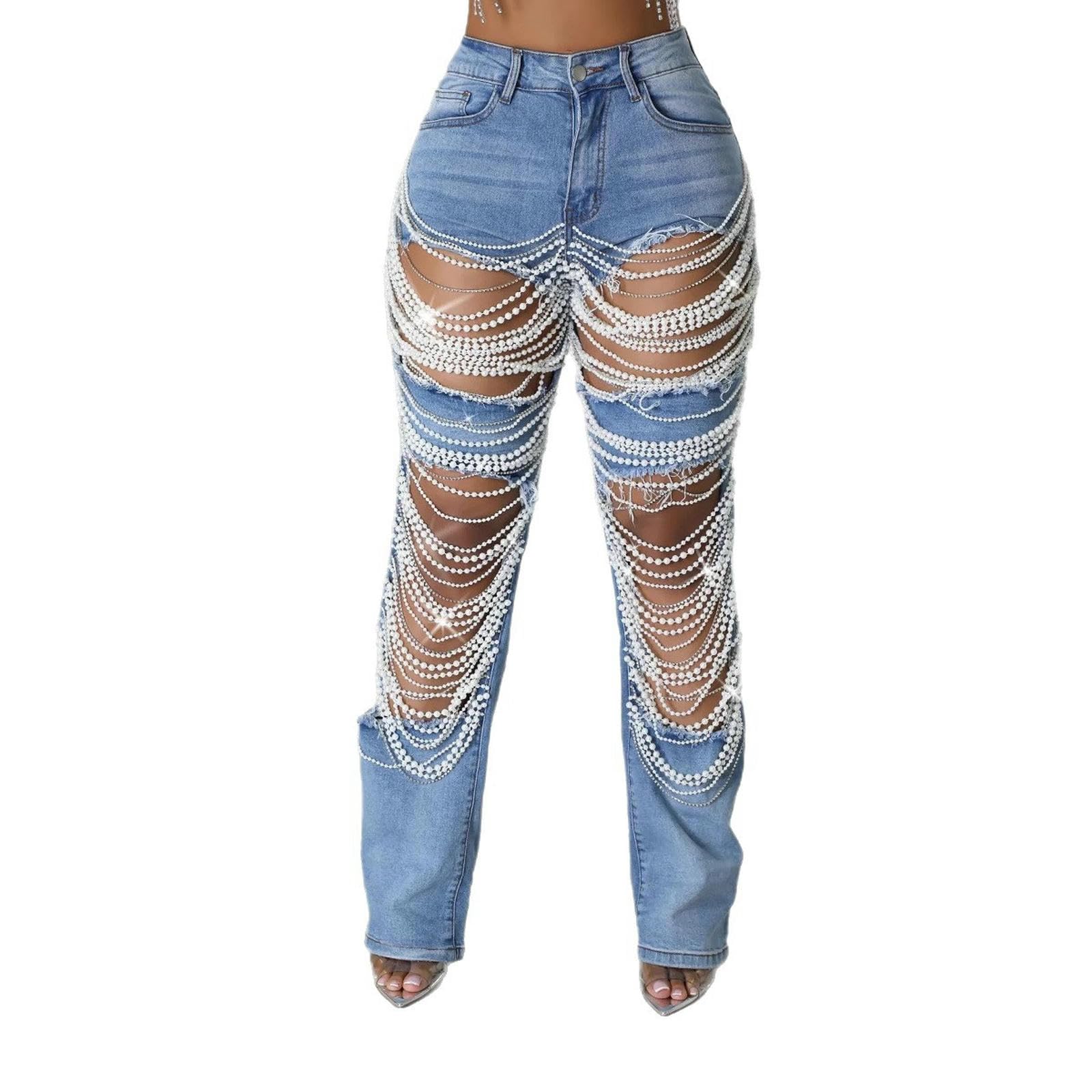 Dżinsy damskie Hot Girl Ripped Jeans, spodnie ze stretchem z ciężkimi koralikami
