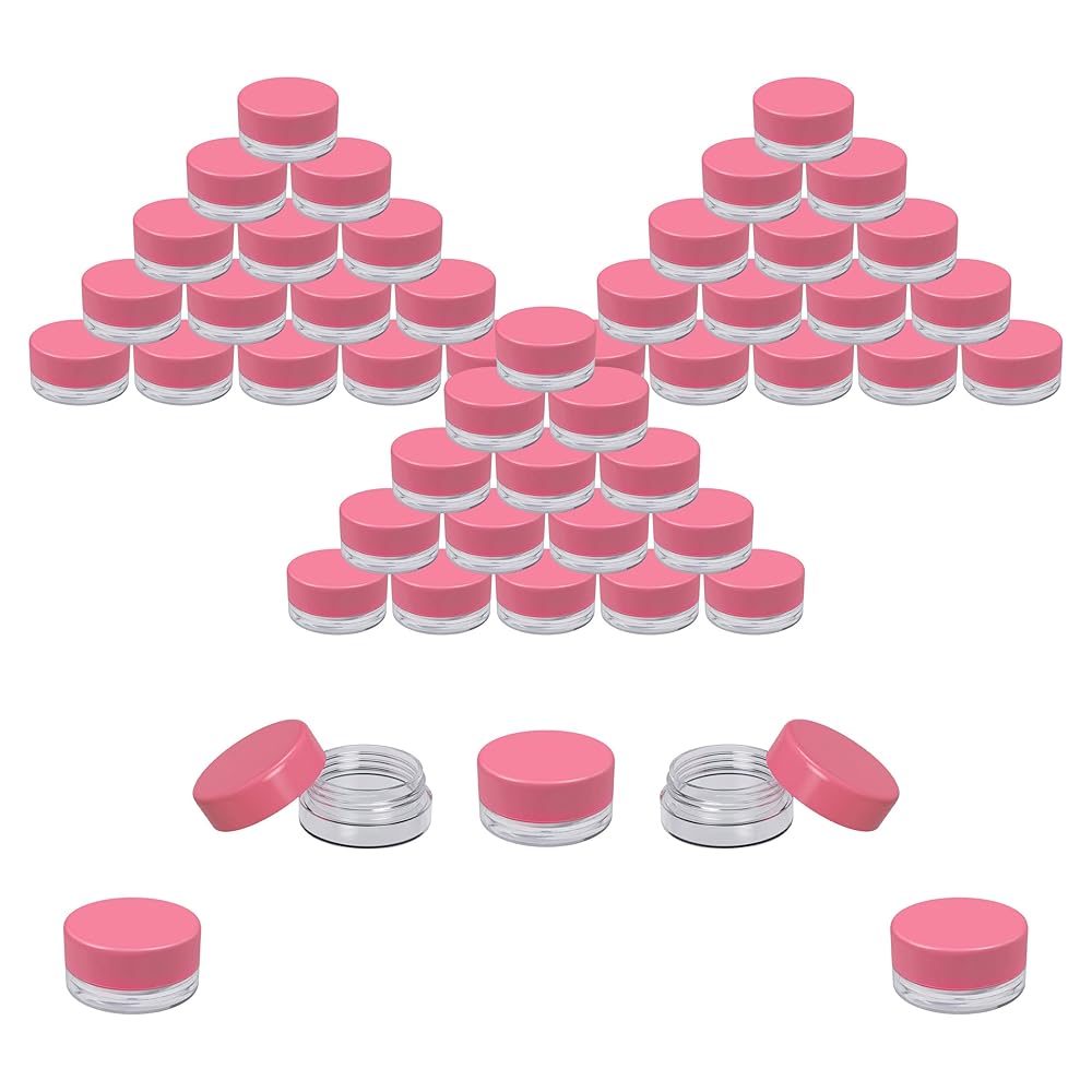 Houseables Sample Containers, Lip Balm Containers, Sample Jars, Mini Jars with Lids, Small, Empty, Makeup, Powder, Gloss, Cosmetic, Tiny, Chapstick, Dab, Wax, Scrub, Little, Pink, Plastic 3 Gram, 50PK