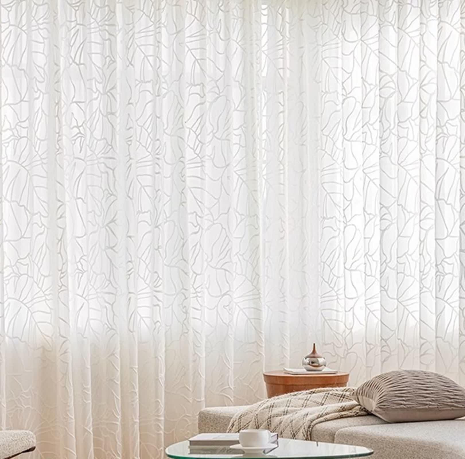 Rideau Anniversaire, Rideau de Cuisine Motif de Feuilles Polyester Coton Blanc Voilage Fenetre 137L x 274H CM Lot de 2