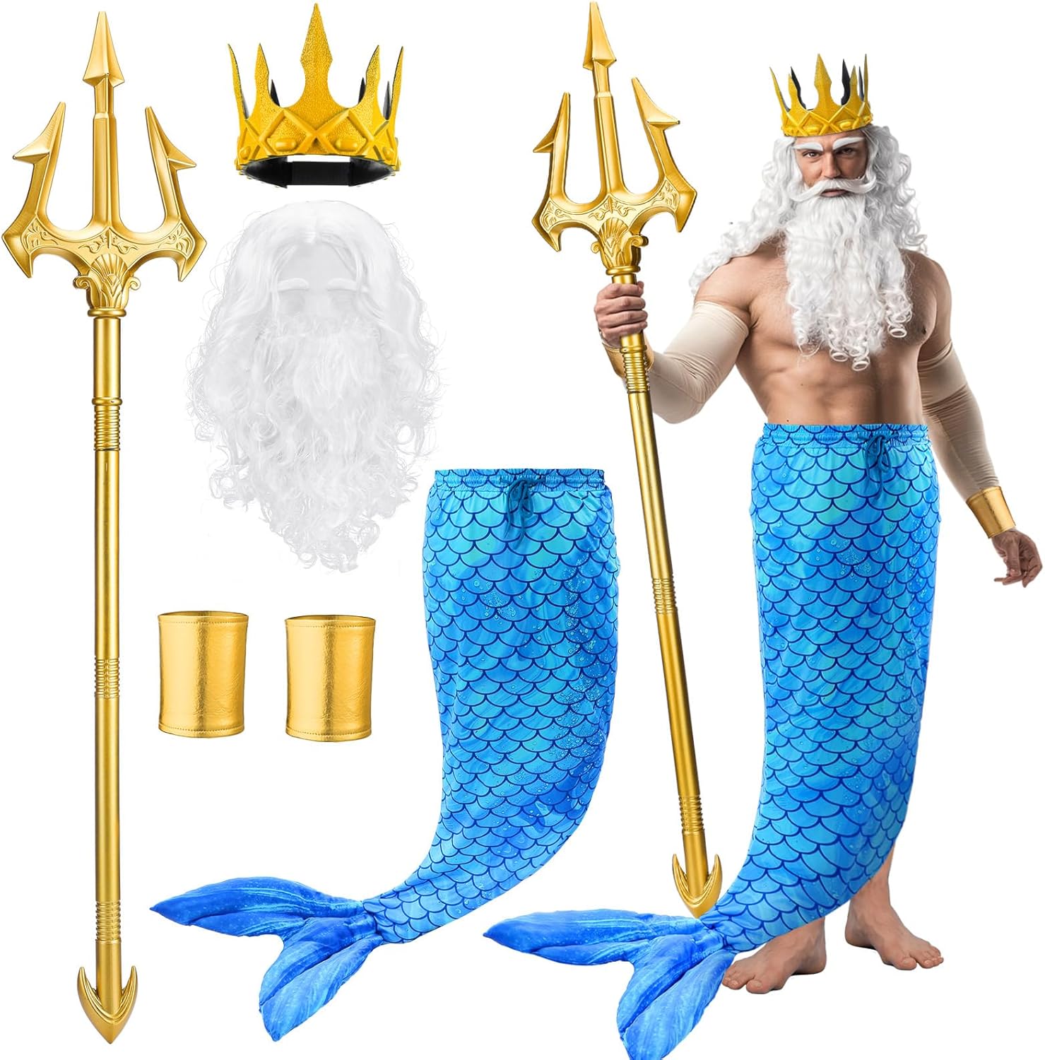 Tellingyou 6 Pcs Halloween Poseidon Costume Set Merman Sea Costume Neptune God of the Sea Cosplay for Men Adults