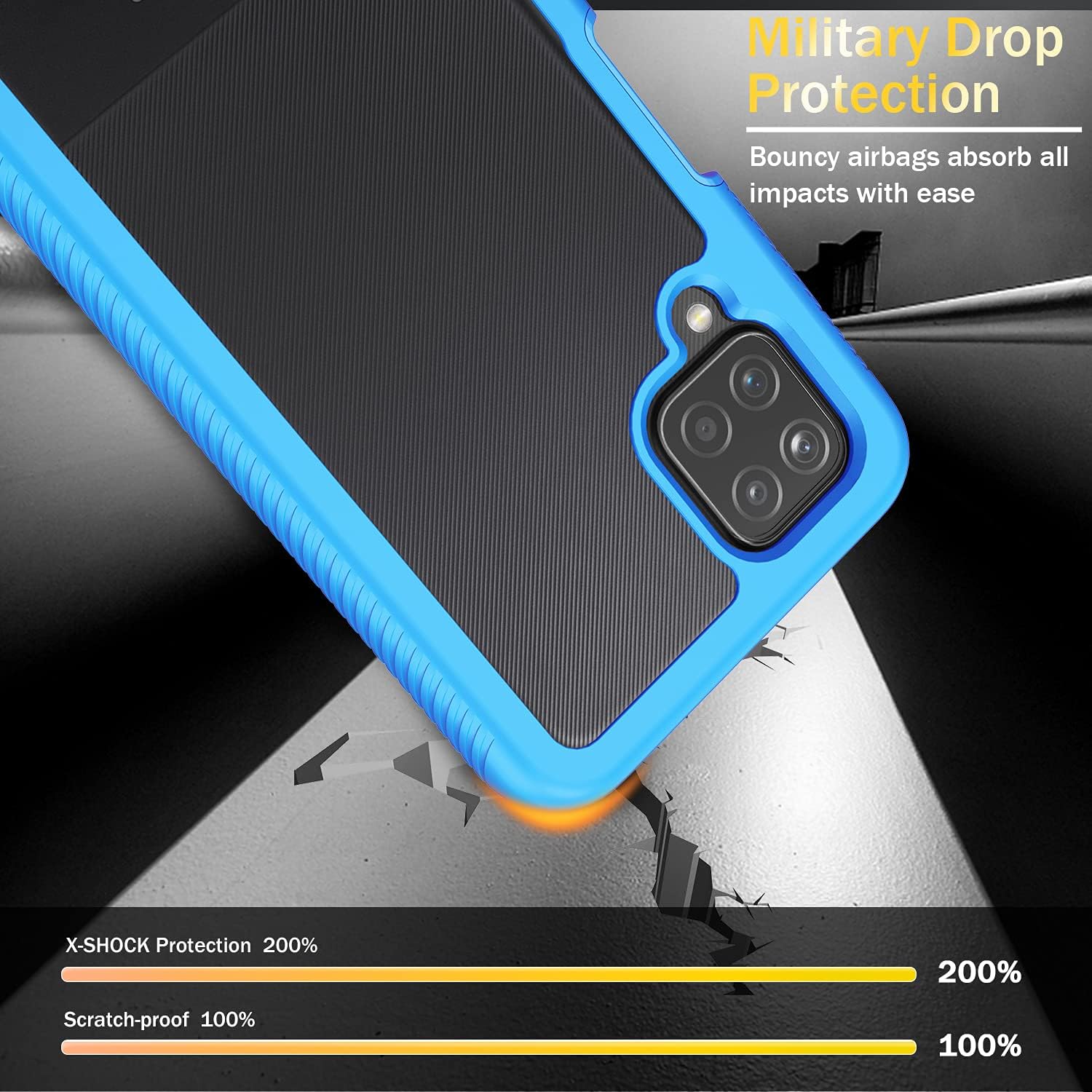 JXVM for Samsung Galaxy A12 Case: with Front Built in Screen Protector & Hard Anti-Scratch Clear Back Case - Full Body Anti-Fall Cell Phone Cover Heavy Duty Shockproof Phone Defender - Light Blue