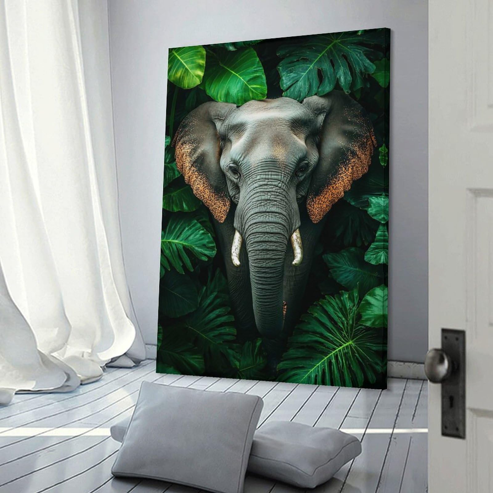 Junmoney Elephant in Lush Green Jungle Canvas Art Print 24x36inch(60x90cm), for Calm Bedrooms, Home Corners Or Flats, An Easy Wall Refresh for Bedrooms