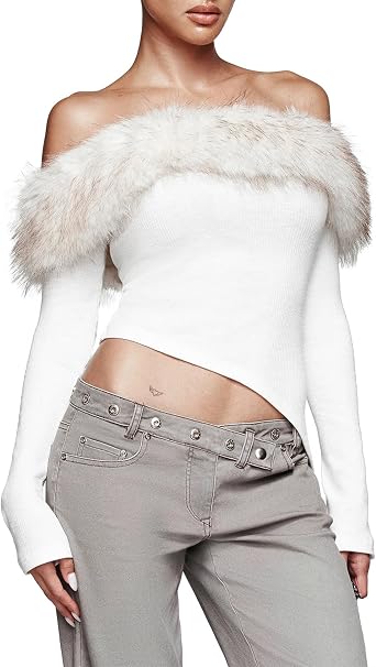Women Sexy Faux Fur Collar Off Shoulder Crop Top Long Sleeve Fitted Going Out Top Club Outfits