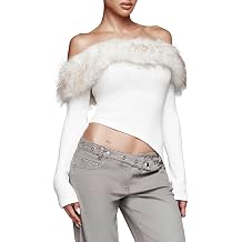 Women Sexy Faux Fur Collar Off Shoulder Crop Top Long Sleeve Fitted Going Out Top Club Outfits