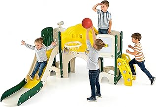 DREAMADE 10 en 1 Toboggan Enfants, Aire de Jeux avec Tableau Magnétique, Télescope, Anneaux, Panier de Basket, Tunnel à Ramper, Centre d'activité Intérieur pour 3+ Ans (10 en 1 Toboggan)