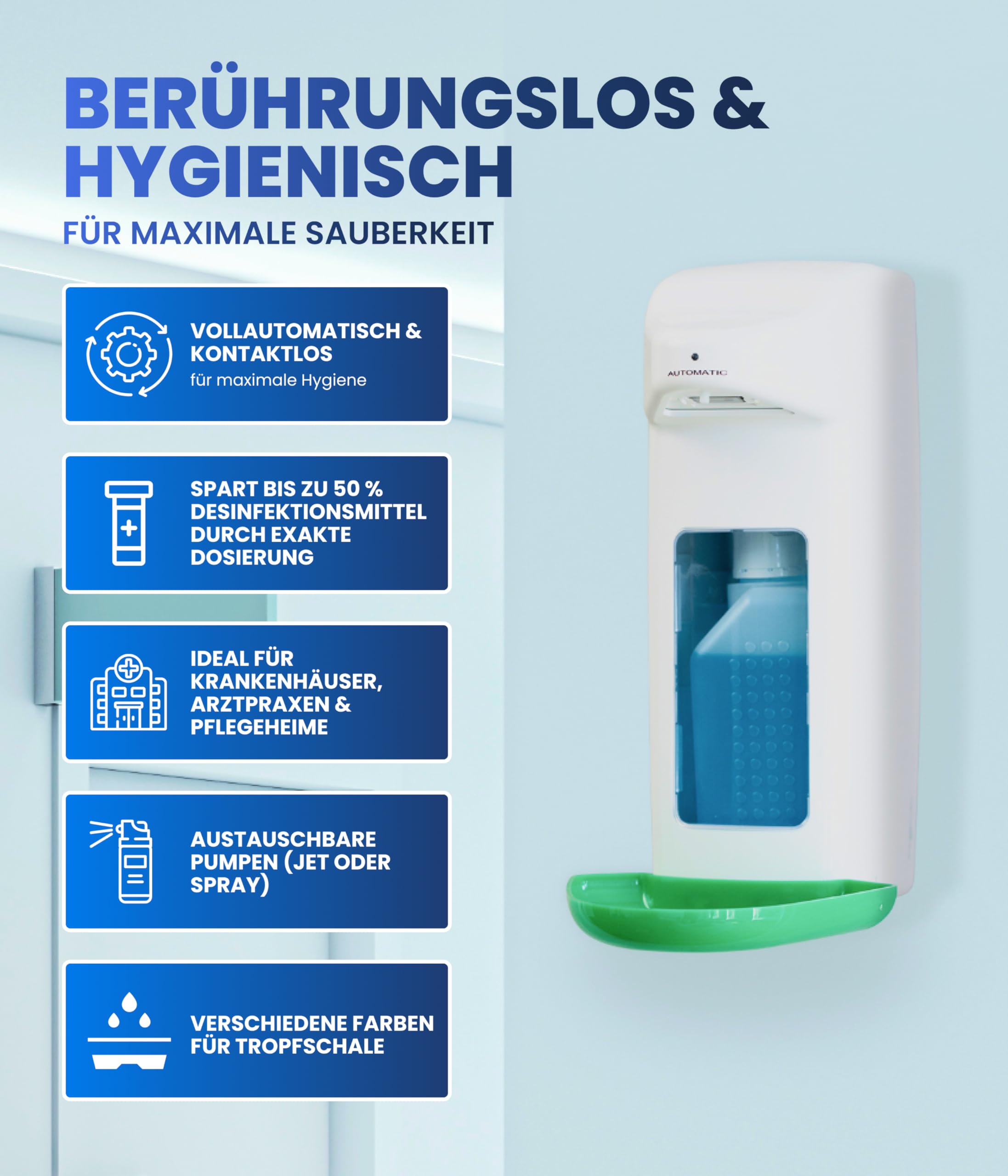 Dispensador de desinfectante automático para botellas europeas, dispensador europeo y dispensador desinfectante con sensor, dispensador de jabón de pared y recargable (blanco con verde
