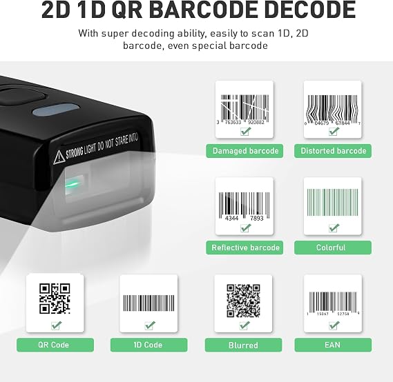 Wireless Barcode Scanner, 1D 2D Bluetooth Bar Code Scanners USB Wired & 4.2 Bluetooth & 2.4G Wireless 3 in 1 Portable Barcode Reader Automatic Fast Precise Scan Work with iOS, Windows, Android