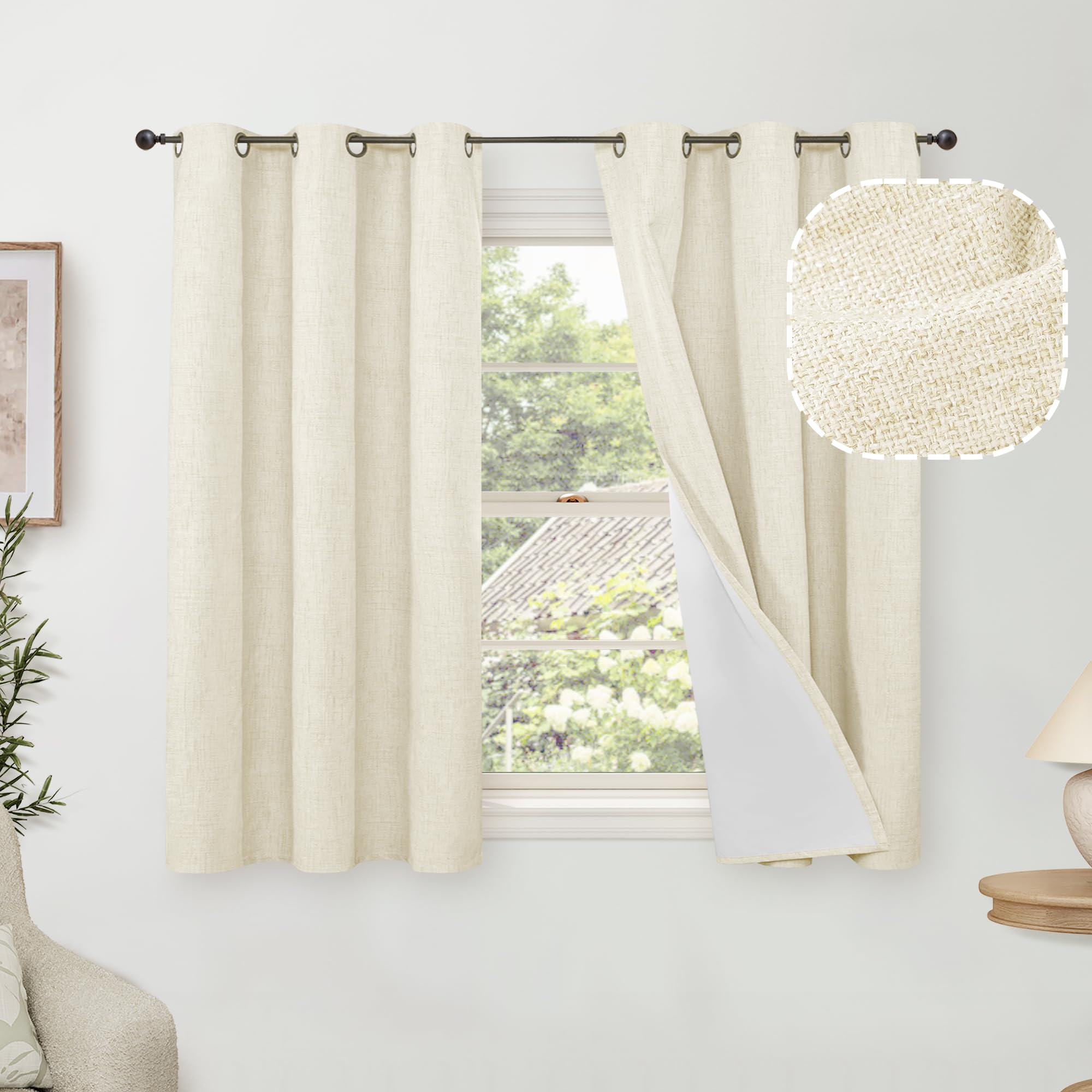 Lajode 45 Inch Length Linen Blackout Curtains for Short Cafe Window, Thermal Insulated Light Blocking Soundproof Privacy Burlap Curtains 2 Panels, Each 38 Inch Wide Cream