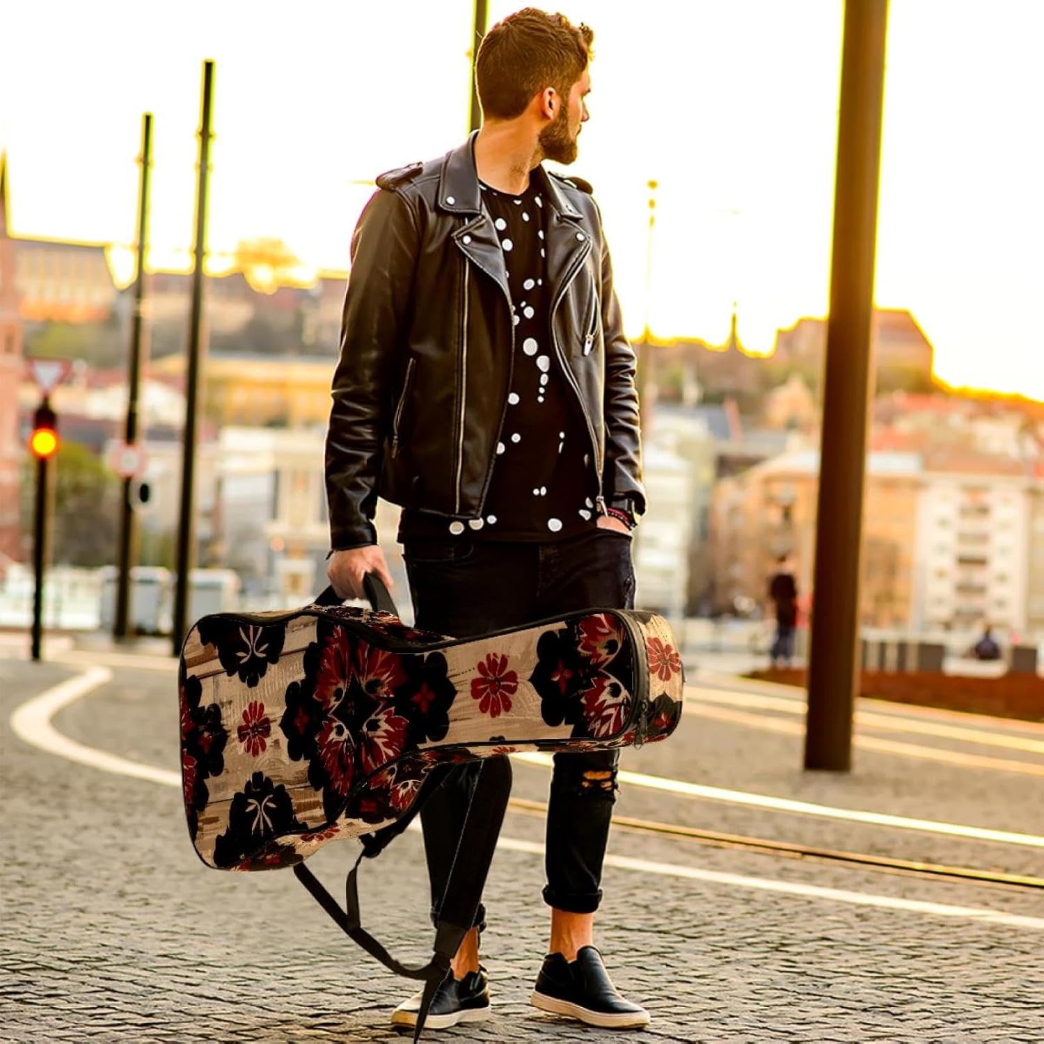 Acoustic Guitar Bag 0.4 Inch Thick Padding Waterproof Guitar Case Gig Bag for 40 41 42 Inch Electric Bass Classical Guitar, Rustic Farmhouse Art Pattern