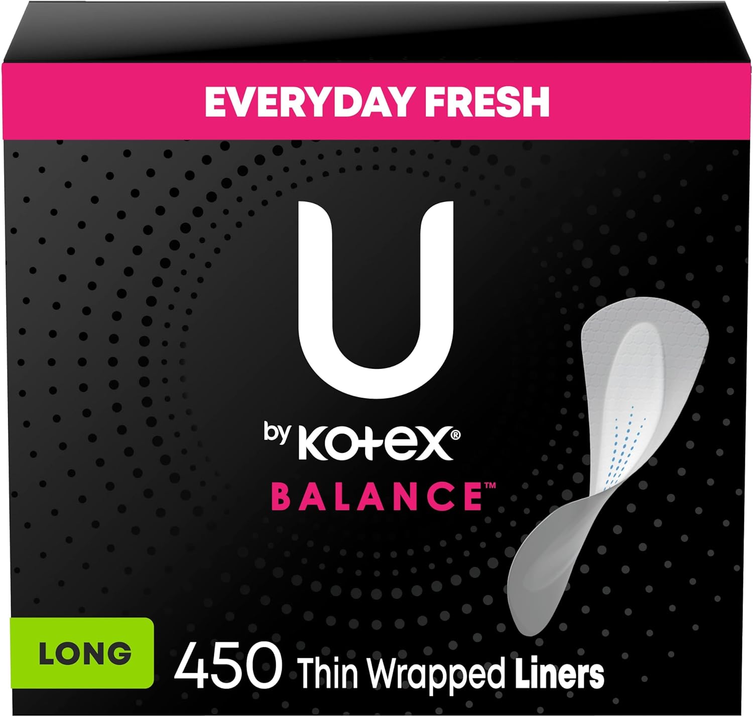 U by Kotex Balance Daily Wrapped Panty Liners, Light Absorbency, Long, 450 Count (5 Packs of 90) (Packaging May Vary)