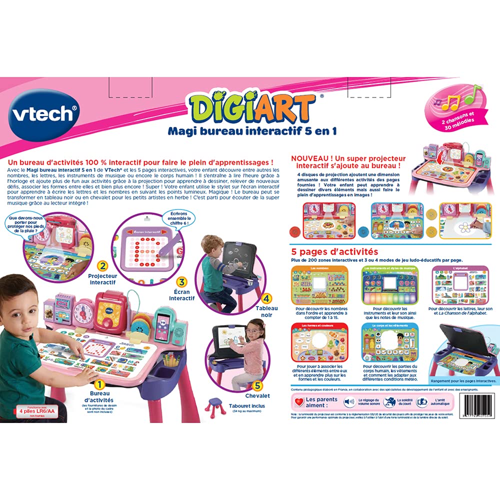 VTech â€“ Magi Bureau Interactif 5 en 1 Rose, Bureau Enfant Interactif, Fonction Projection â€“ 3/6 Ans - Version FR