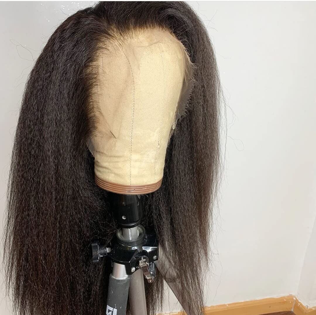 Middle Part Kinky Straight Wig Lace Front Human Hair Wigs Brazilian 13x4 V- Part Lace Frontal Wig 150 Density Italian Yaki Human Hair Wig (24inch, Middle Part Lace)
