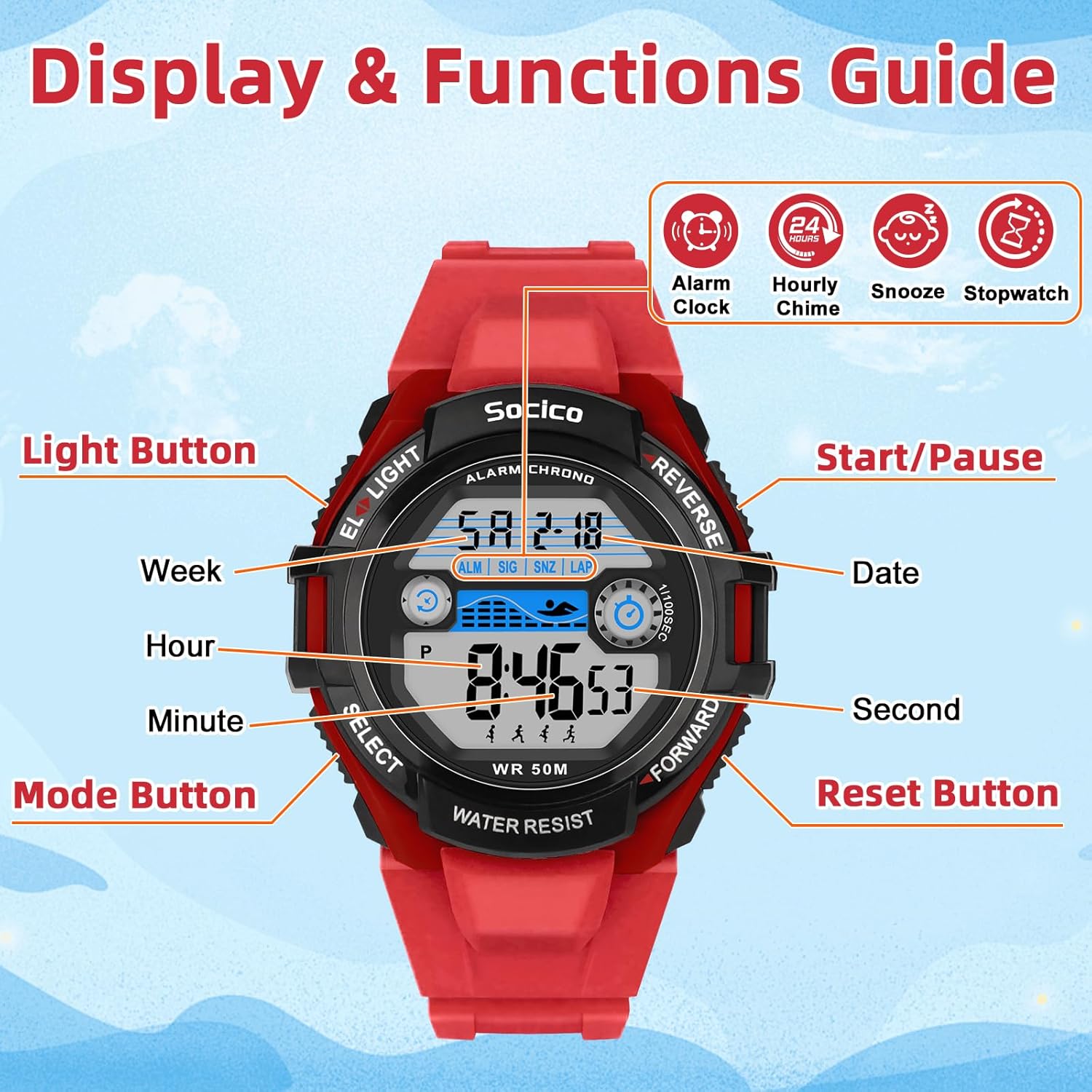 SOCICO Kids Digital Watches for Boys Teen Girls, 7 Color Lights Waterproof Sports Watch for Kids with Stopwatch Alarm, Great Present for Girls Ages 5-18 Teenagers