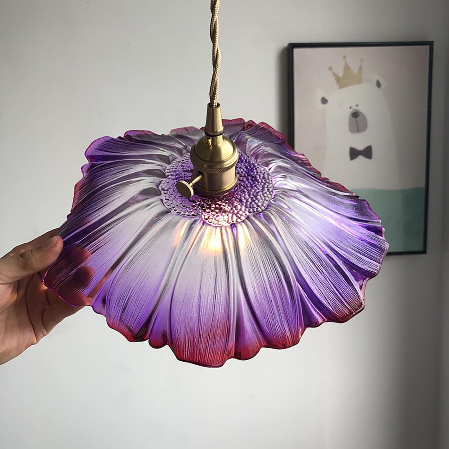 Retro Vintage Farmhouse Purple Glass Round Pendant Light Fixtures with Gold Brass Switch Pendant Hanging Lamp for Kitchen Island(Purple)