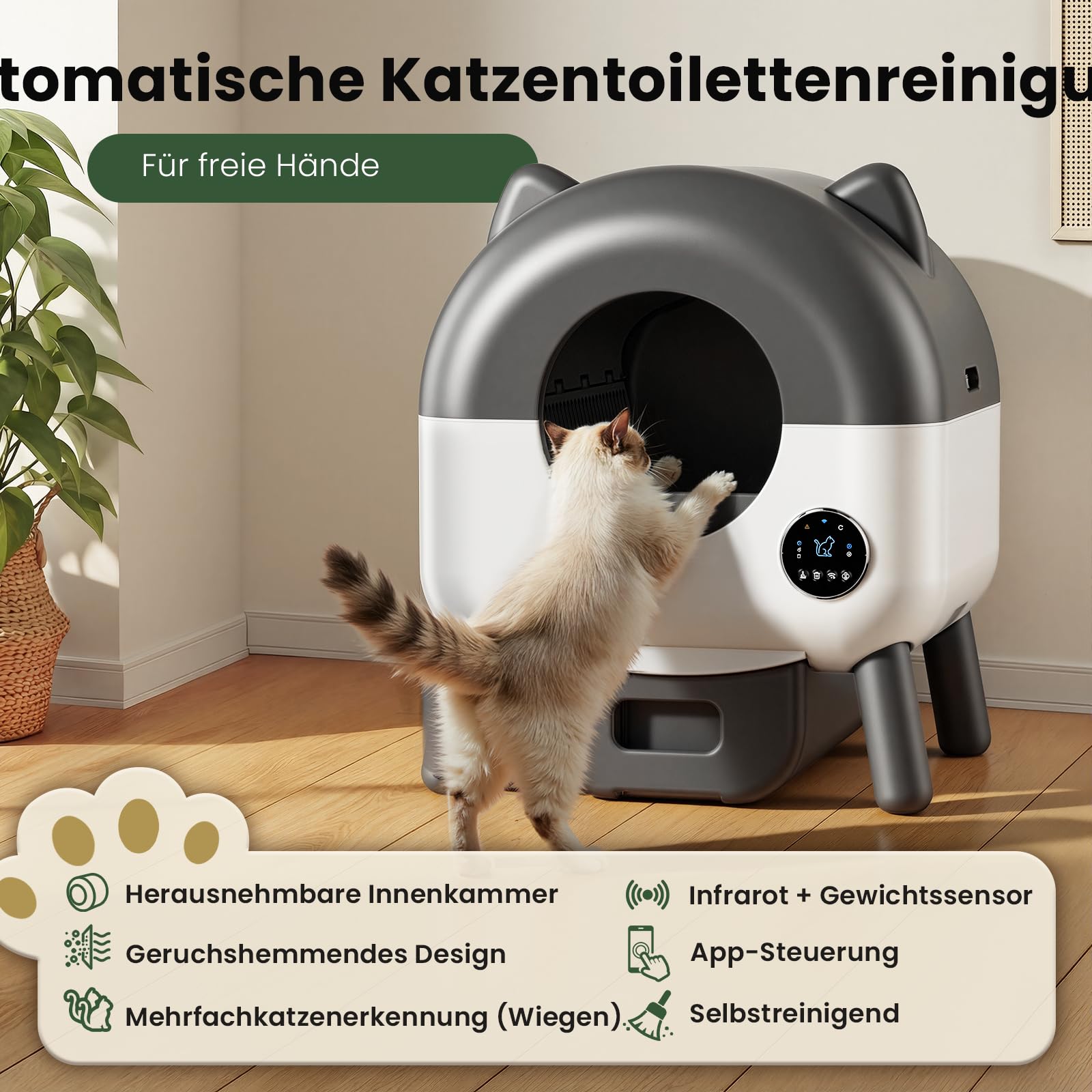 Arenero Gatos Autolimpiable,66L Arenero Autolimpiable con Sensores De Seguridad,6 Luces Ambientales,Arenero Eléctrico Autolimpiable para Gatos Control por App De 2.4 GHz y Protección Antipinzamiento