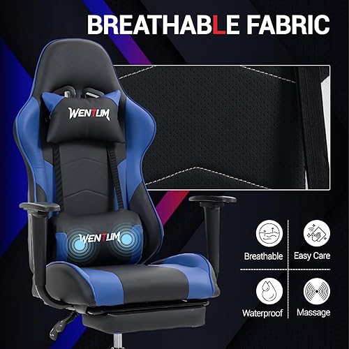 Miniatura 6 de Silla para juegos con reposapiés, silla de escritorio ergonómica para PC con reposacabezas y soporte lumbar de masaje, silla de videojuegos con